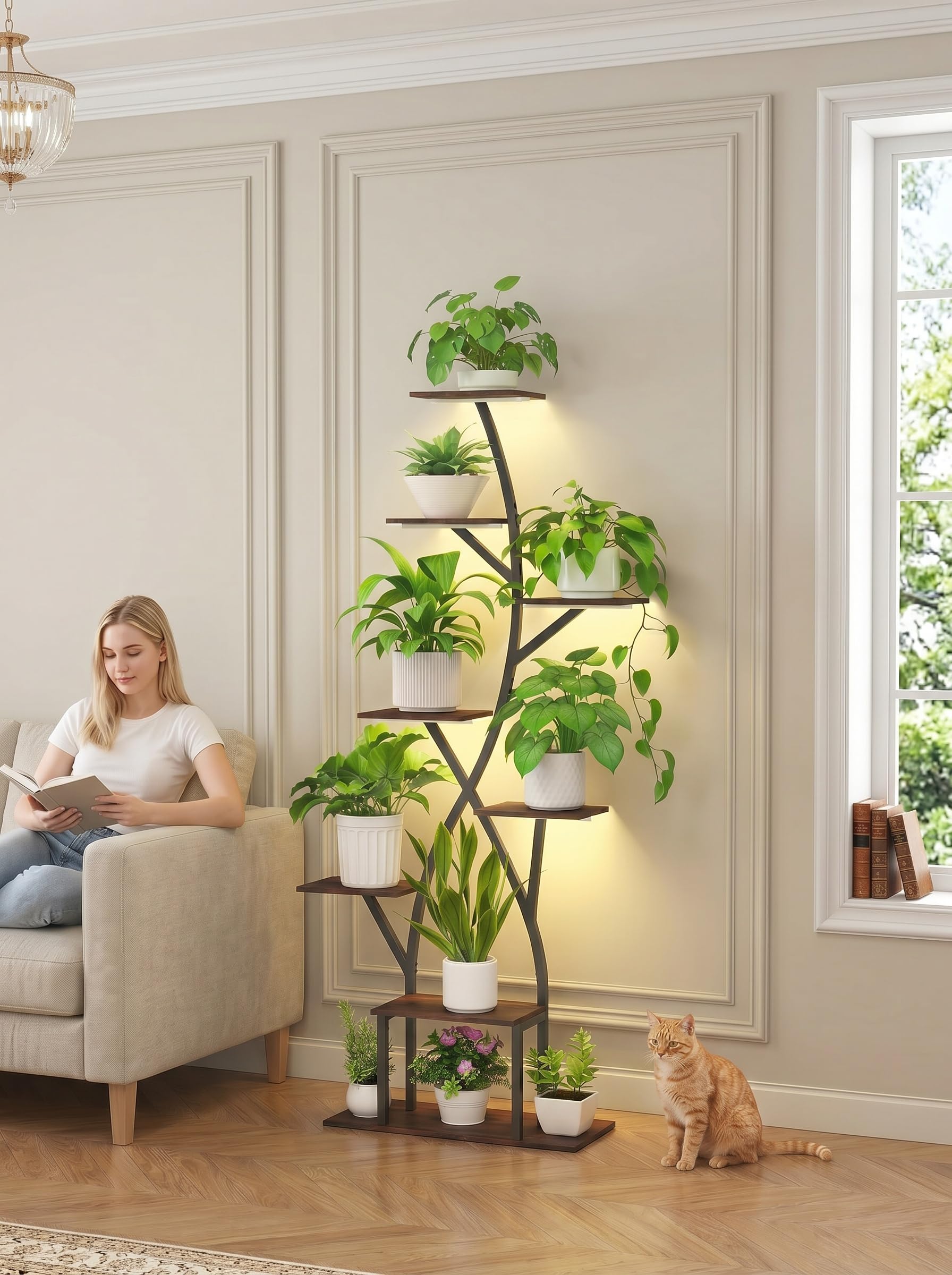 Turosur Brown 8 Tiered Plant Stand, 65" Tall Plant Shelf With 5 Grow Lights