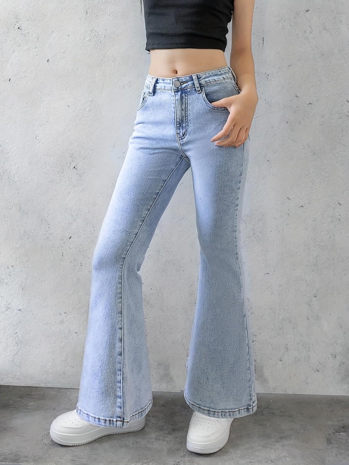 Girls Jeans Flare High Elastic Waist Denim Pants Bell Bottom Stretch Cute Y2K Streetwear with Pockets 7-14Y - Image 3