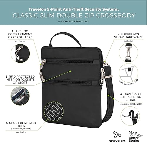 Miniatura 3 de Travelon Bolso cruzado clásico antirrobo con cremallera Dbl Negro Clásico