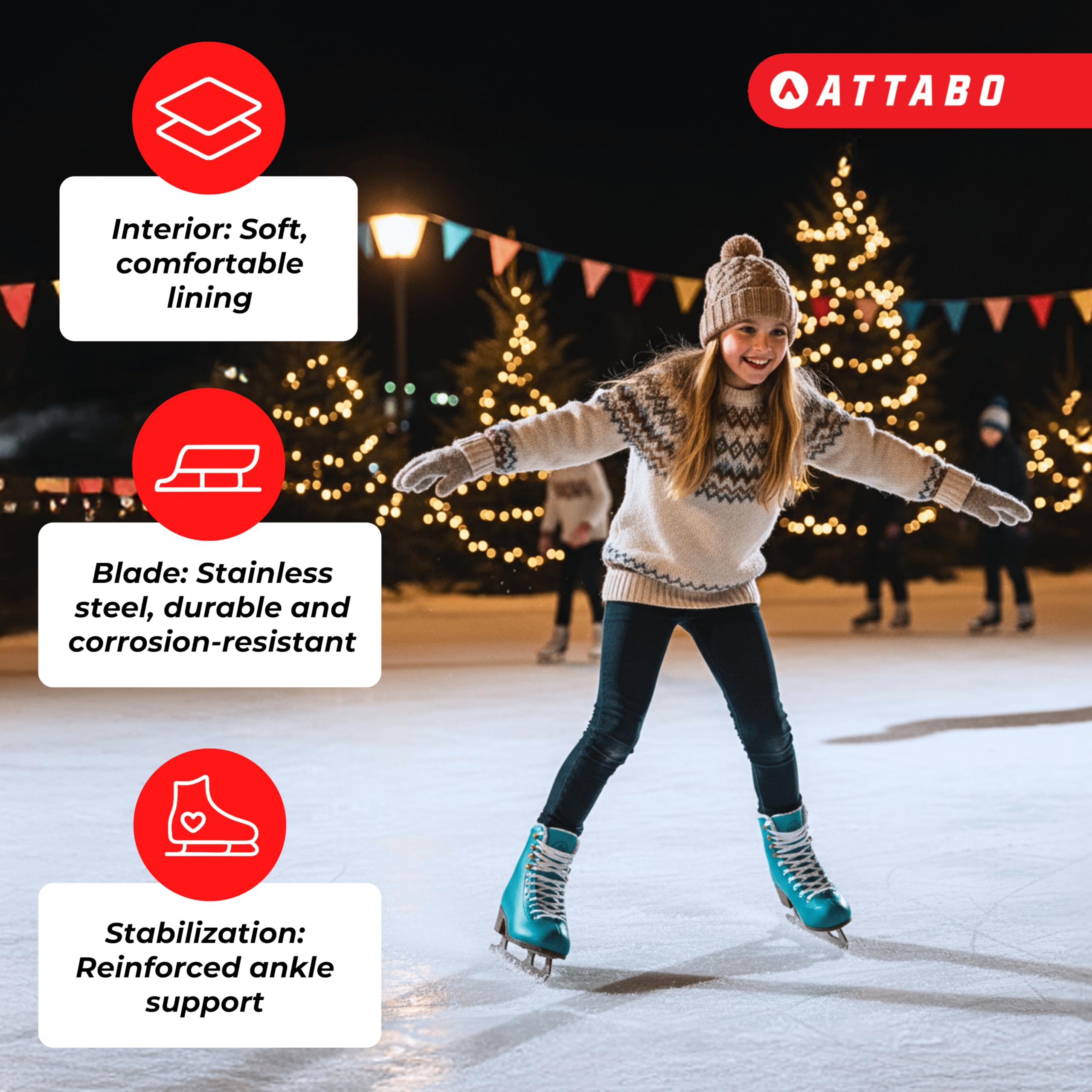 ATTABO ISLA Patins à glace artistiques pour enfants | Dessus en plastique PVC | Support de cheville renforcé | Patins en acier inoxydable | Design classique pour les jeunes patineurs (31)