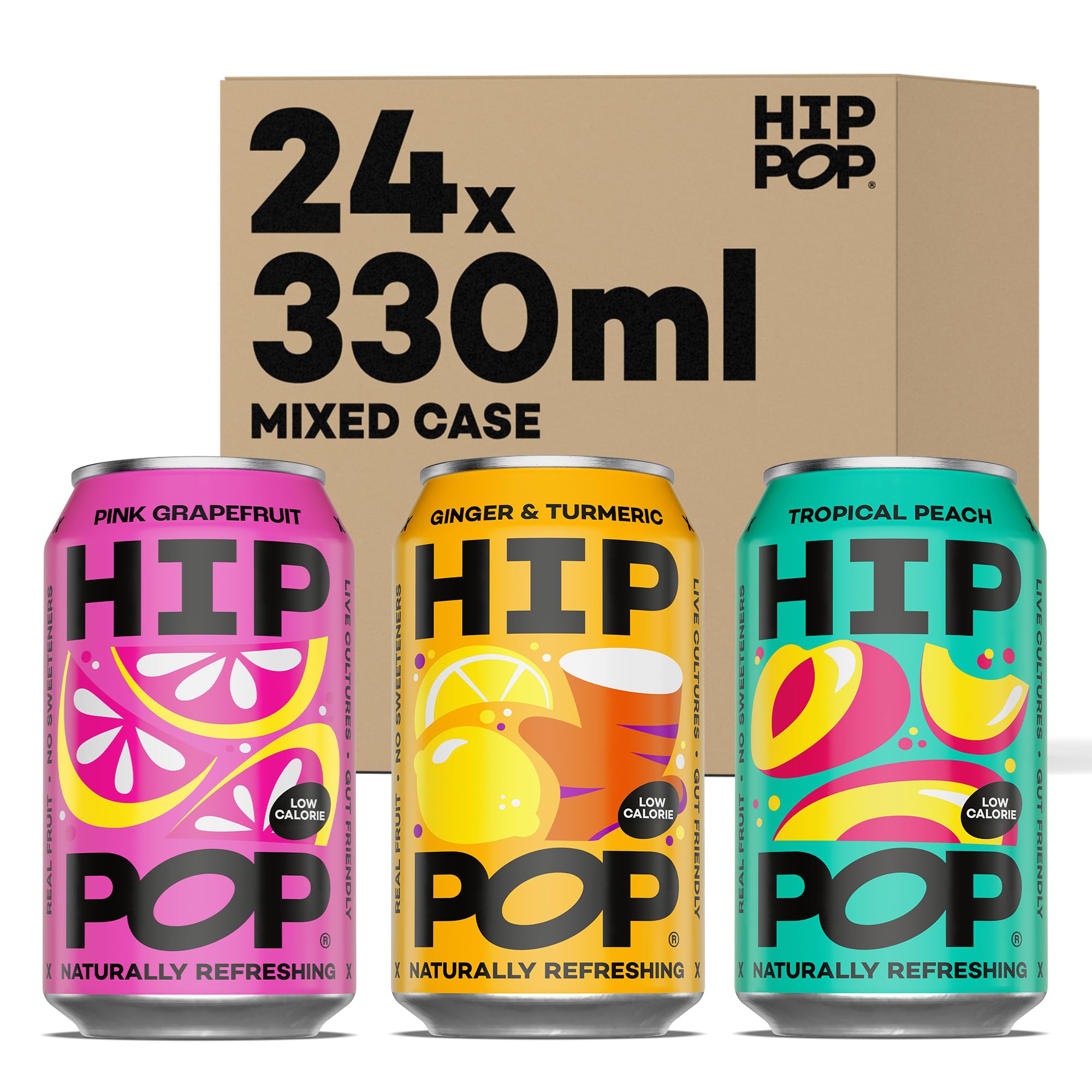 Hip Pop Soda, Mixed Flavour Case, Low Calorie, 100% Natural, Vegan, Branding of Cans May Vary, 24 x 330 ml