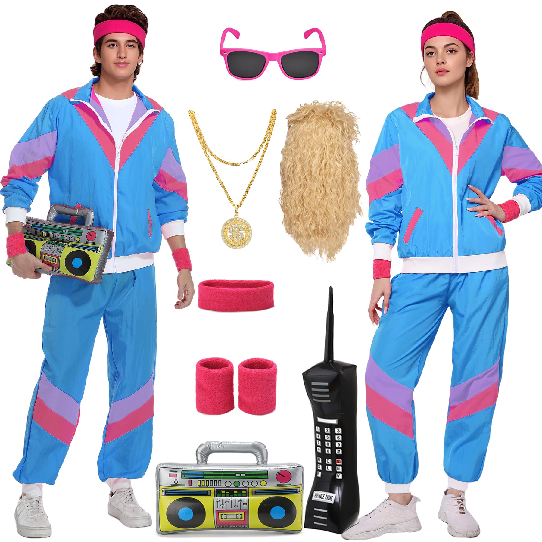 80er 90er Jahre Outfit Herren Damen Kostüm Jogginganzug Trainingsanzug Jacke und Hose Retro Anzug mit Accessoires Radio Sonnenbrille Halskette Schweißband für Karneval Fasching Mottoparty