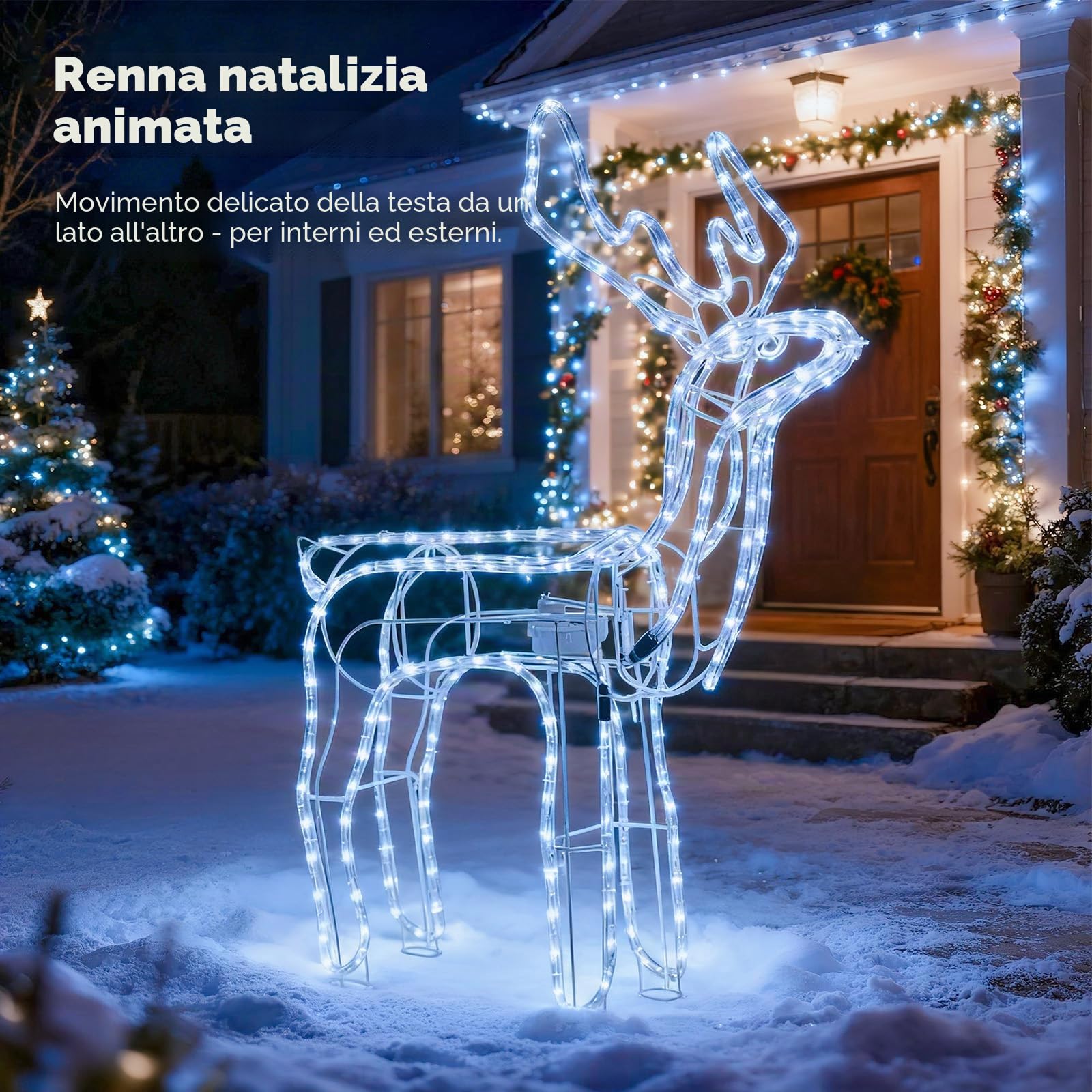 LEDYA Renna di Natale luminosa con testa animata, 216 LED bianco freddo, grande renna luminosa 89 cm, decorazione natalizia da interno/esterno con timer, alimentazione a rete per giardino o veranda