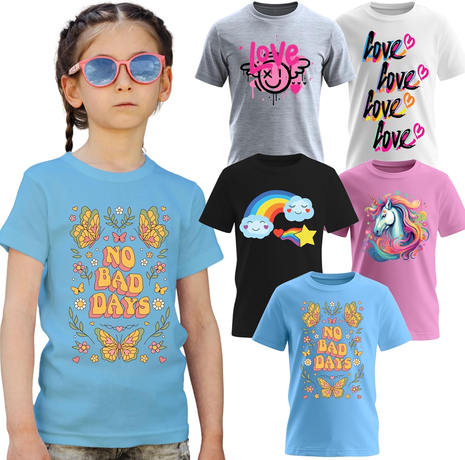 MISS POPULAR Girls 5 Pack Printed T-Shirts Soft Cotton Tees for Everyday Wear Sizes 7-16 Years