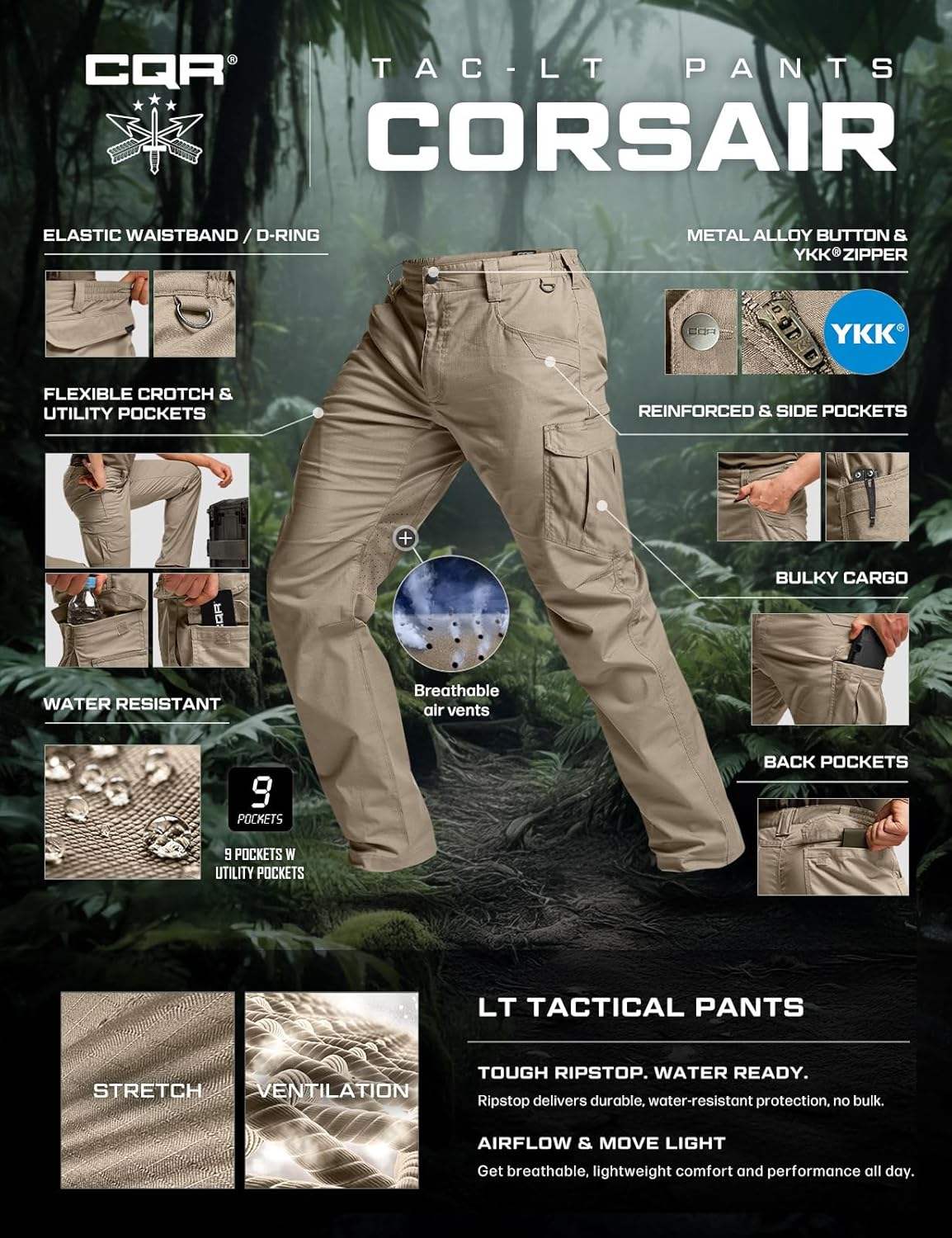 CQR Men's Utility Flex Cargo Pants, Classic-Fit Casual Stretch Work Pants, Water Resistant Lightweight Tactical Hiking Pants - Image 8