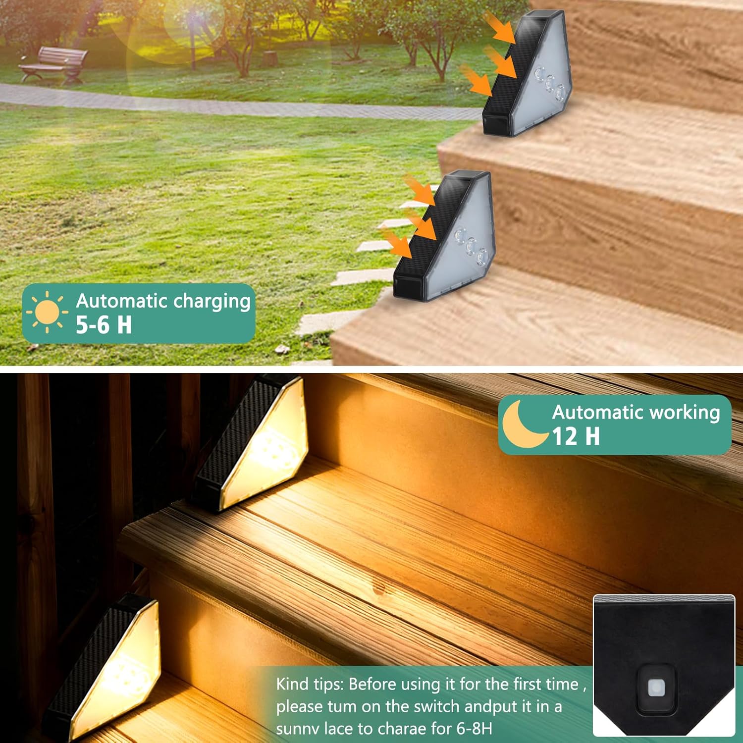 echosari 6 Pack Solar Step Lights, 100 Lumen Ultra Bright Outdoor Stair Lights Auto ON/Off Outdoor Step Lights IP68 Fully Waterproof for Yard Garden Walkways Pathway (Warm White)