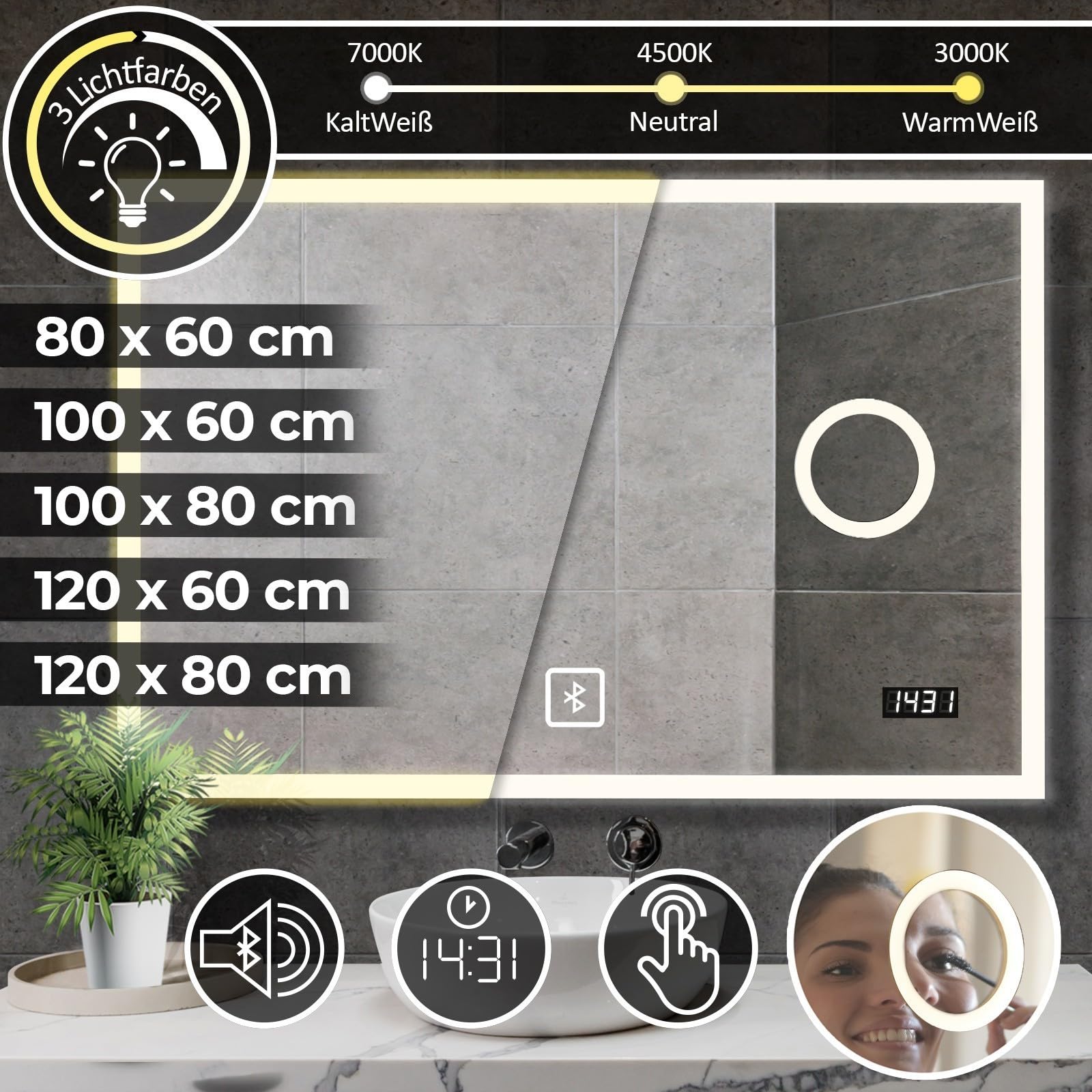 Jago Specchio a LED Rettangolare-CEE: A++, Controllo Tattile, Controluce Bianca Fredda o Calda, Orologio Digitale, Diversi Accessori-Specchio Retroilluminato (Specchio per il trucco, 100x60 cm)