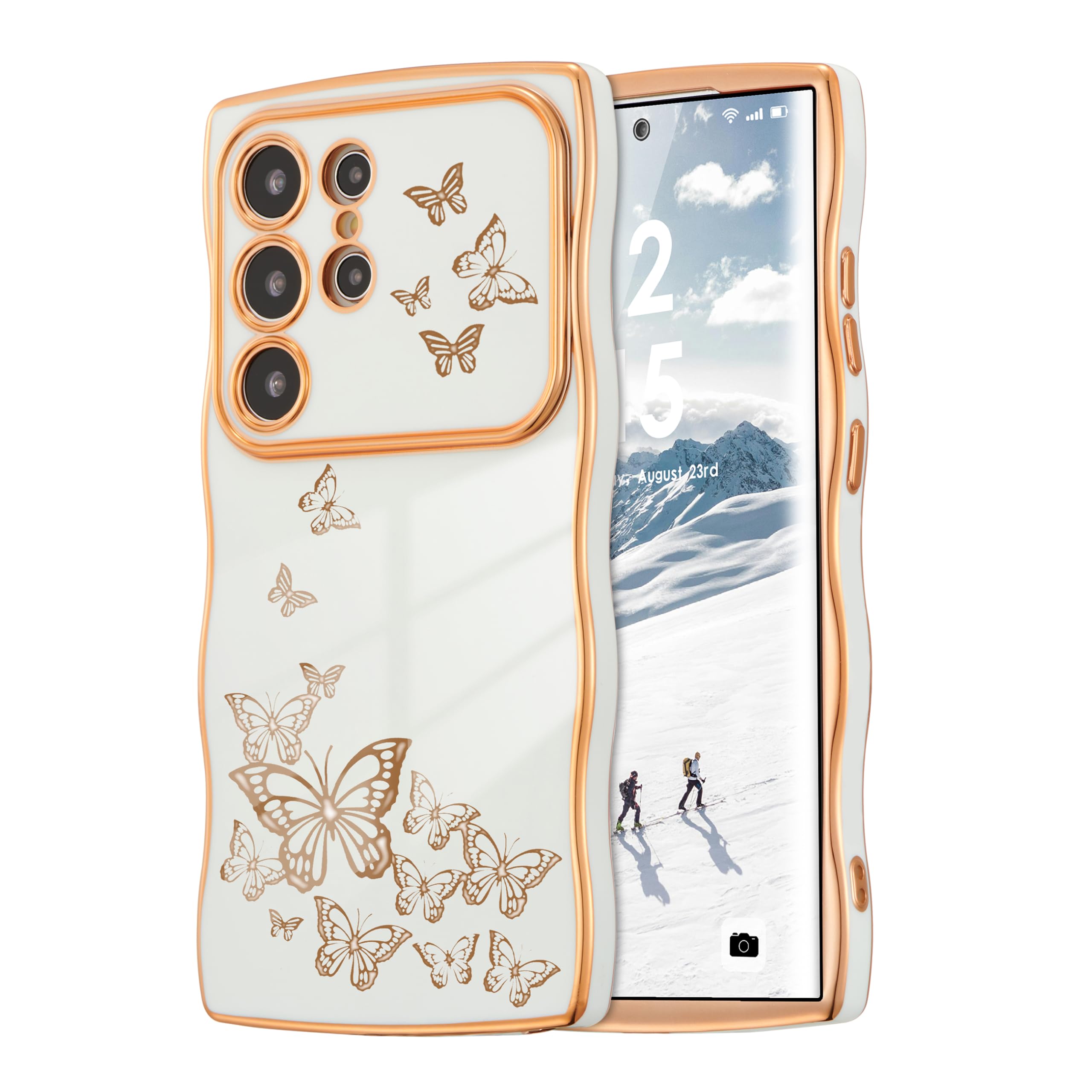 ZTOFERA for Samsung Galaxy S24 Ultra Case Cute for Girl Women, Curly Wave Frame & Luxury Plating Butterfly Pattern, Soft TPU Shockproof Raised Lens