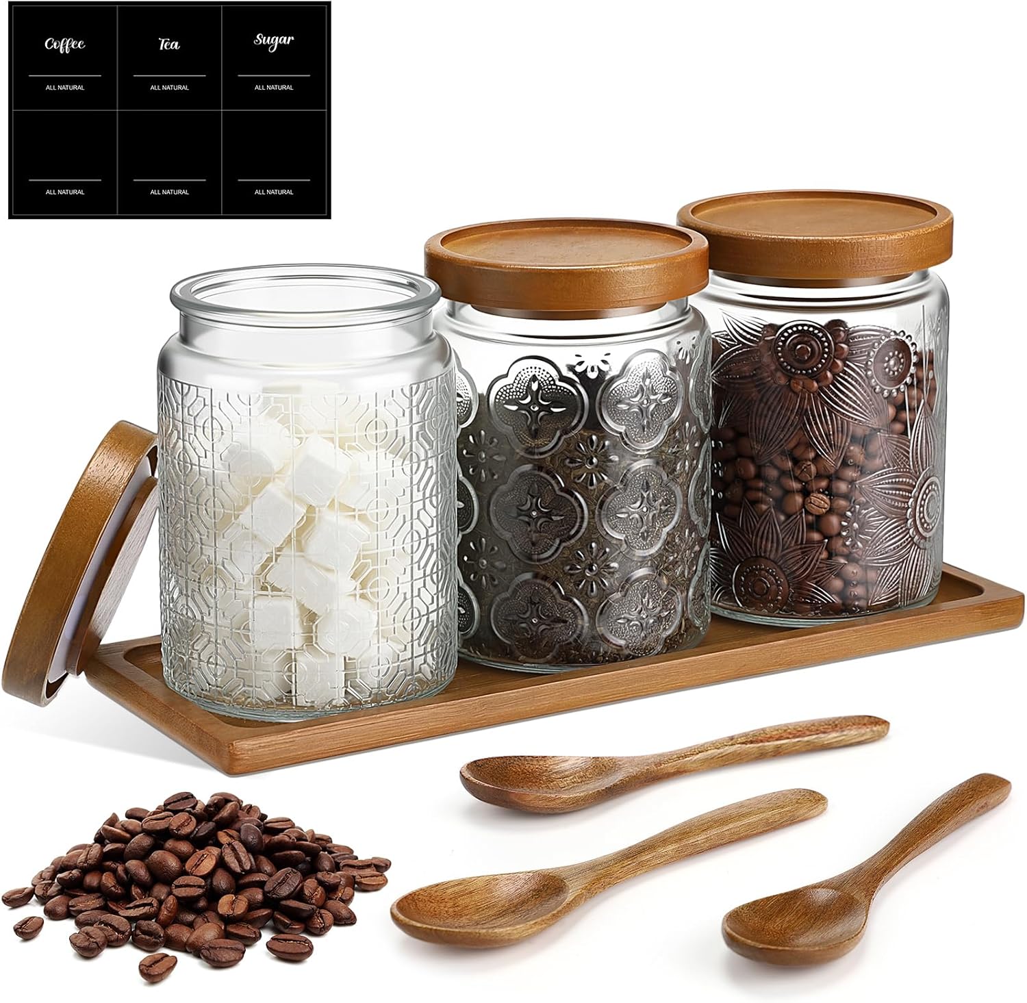 3 Pack 24 oz Glass Coffee Container with Wooden Tray Lid Spoon Labels Clear Airtight Glass Jar Food Storage Kitchen Canisters Set Decorative Coffee Bar Containers for Sugar Candy Tea Flour