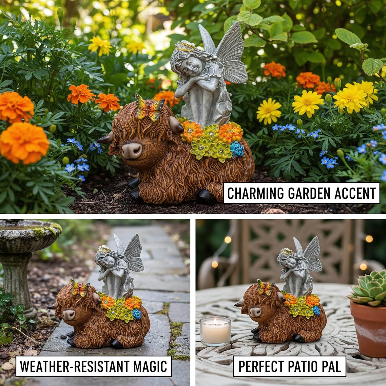 Solar Angel Sitting on Highland Cow Angel Garden Decor Statue Butterfly Bee Succulent LED Lights Housewarming Gift for Mom Women Outdoor Decorations for Yard Patio