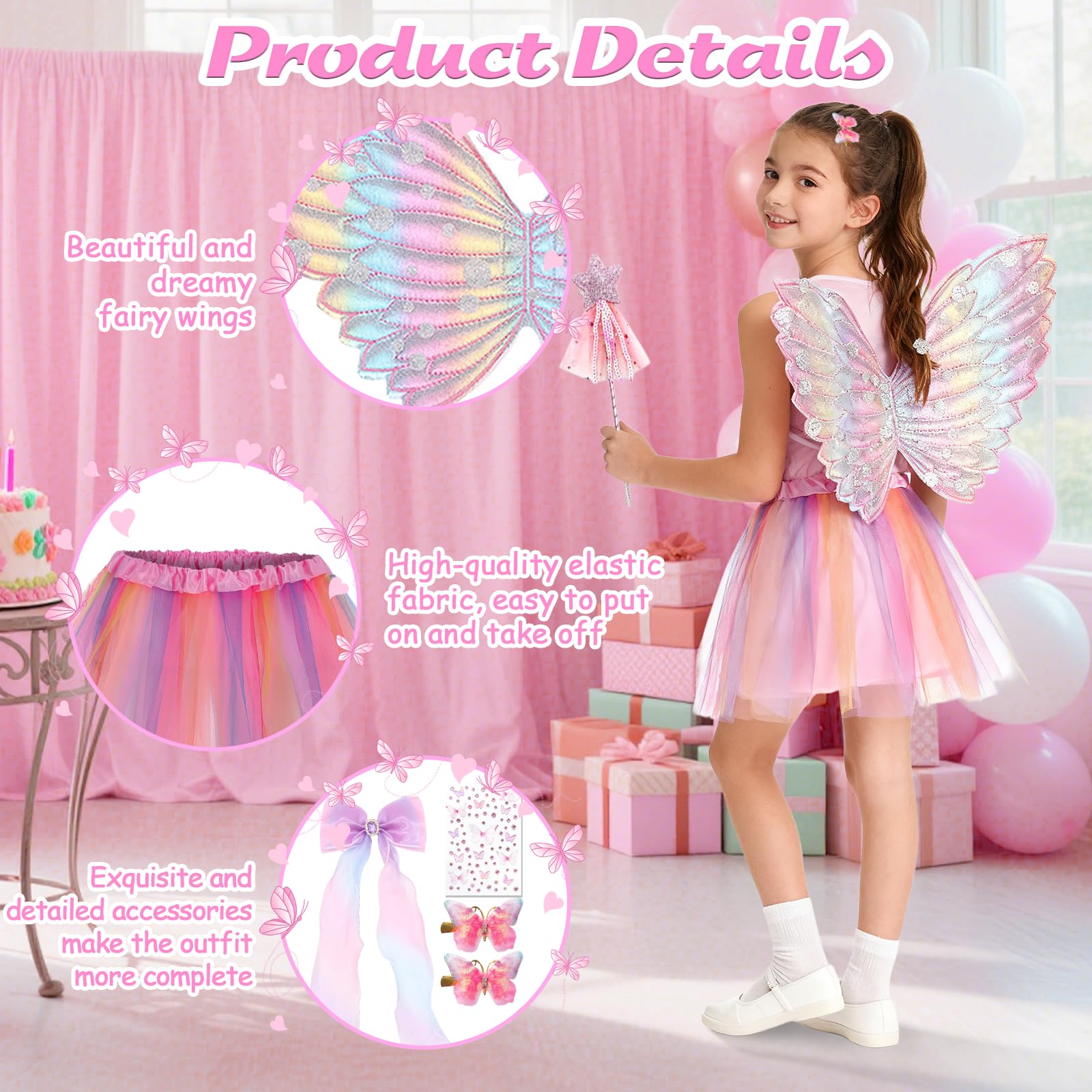 Xerteam 7 Pcs Fairy Costume Set for Girls Butterfly Wings Costume Set including wings Ballet Tutu Skirt Wand Hairpin Butterfly Stickers - Image 4