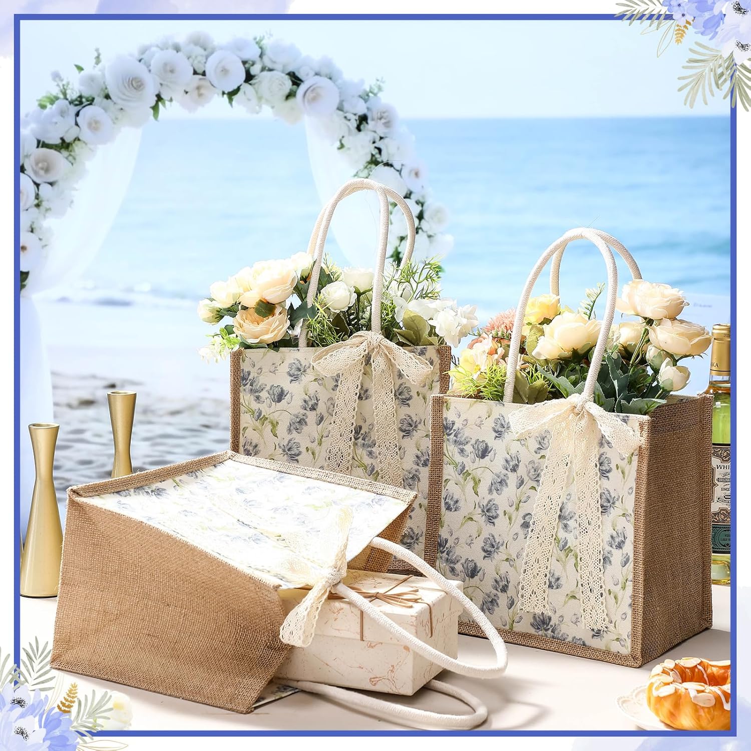 Paterr Floral Burlap Tote Bags with Handles, Reusable Jute Gift Bags with Ribbon Tote Handbags for Bridesmaid Wedding Favors