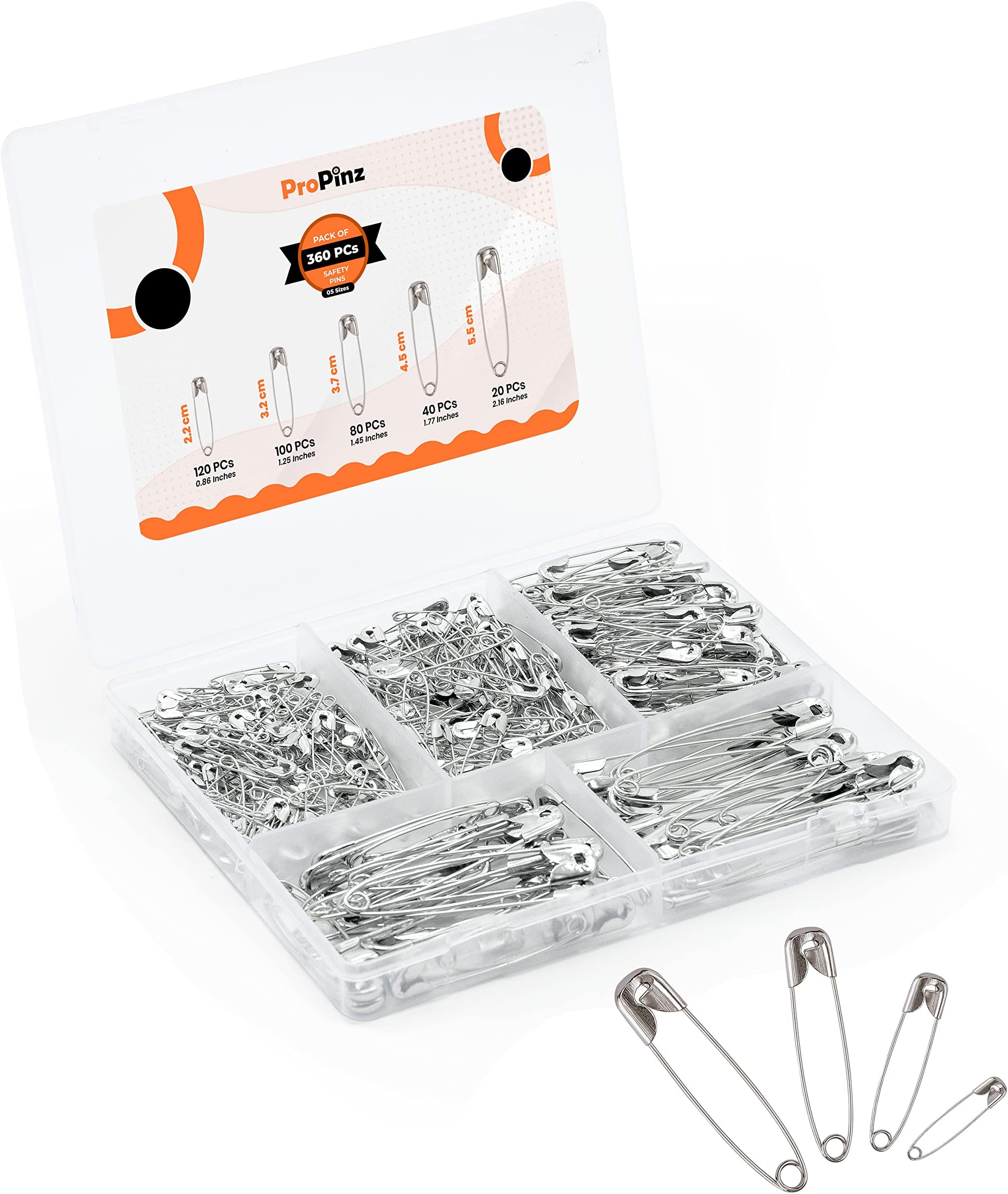 Safety Pins Assorted Sizes - Strong Nickel Plated Steel, Rust Resistant - Ideal for Art & Crafts, DIY, Pinning, Hemming, Dressmaking, Sewing and More (Silver, Pack of 360-5 Sizes)