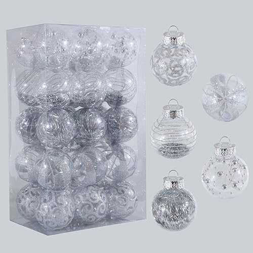 60MM/2.36" Christmas Ornaments Set, 30pcs Silver Clear Christmas Ornaments Shatterproof Decorative Baubles for Xmas Tree Ornament Decorations Balls Crystal for Holiday Party Indoor Outdoor Home Decor