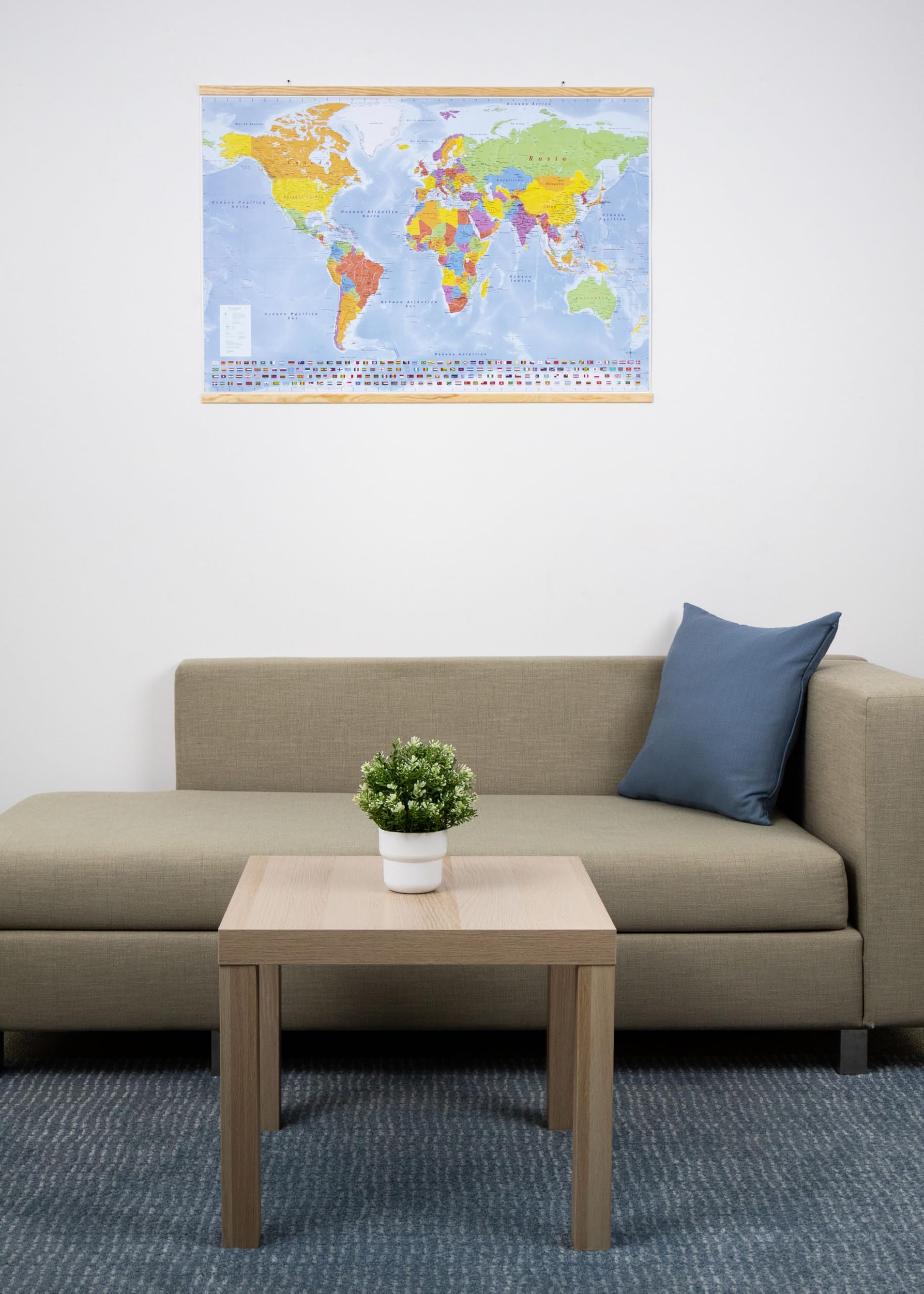 GeoMetro Mapa del mundo (en español), 70x100 cm, póster laminado, con banderas, con listones de madera para colgar + hoja de pegatinas
