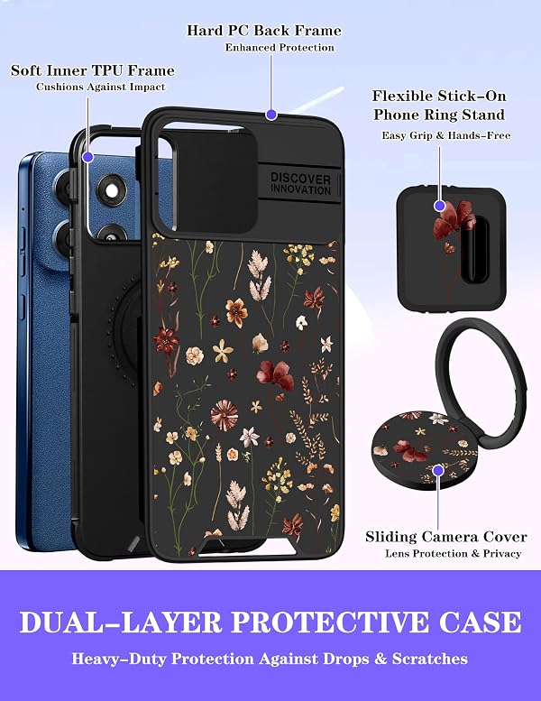 Goocrux for Moto G Stylus 5G 2025/2026 Case - Women Girls Cute Phone Cover Girly Design Slide Camera Cover with Ring Stand Holder Cases for Motorola G Stylus 5G 2025/2026, Black Floral by Goocrux - Used condition - Image 5