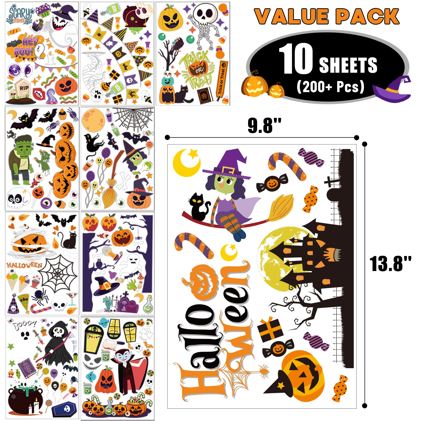 HAPMARS Halloween Window Stickers, 10 Sheets Halloween Party Window Clings Decoration, Decals for Glass Windom Indoor and Outdoor Home Decor, Ghosts and Pumpkins and Zombies