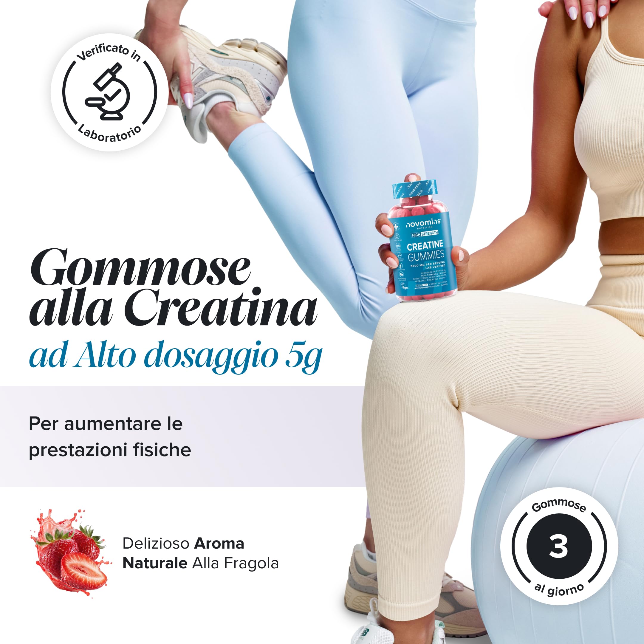 Creatina Monoidrata Gommose – 5000 mg per Porzione ad Alta Forza – Aumenta le Prestazioni Fisiche – Alternativa a Polvere, Compresse e Capsule – Vegana, Gusto Fragola – 90 Gommose – Novomins