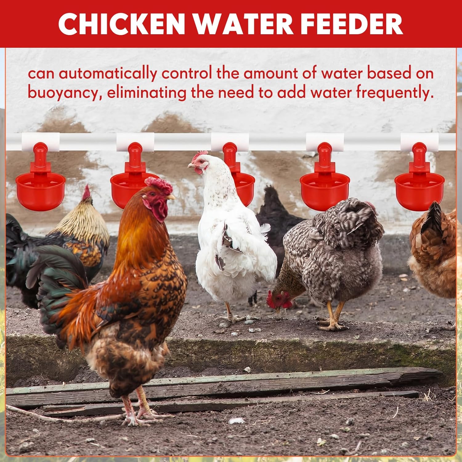 LemonRoad 30 Set Automatic Chicken Waterer Cups with 1/2" PVC Tee Fitting Chicken Drinking Bowl, Poultry Drinker Mounting Hole Opener,Water Dispenser Feeder for Duck, Goose, Turkey, Pigeon(Red)