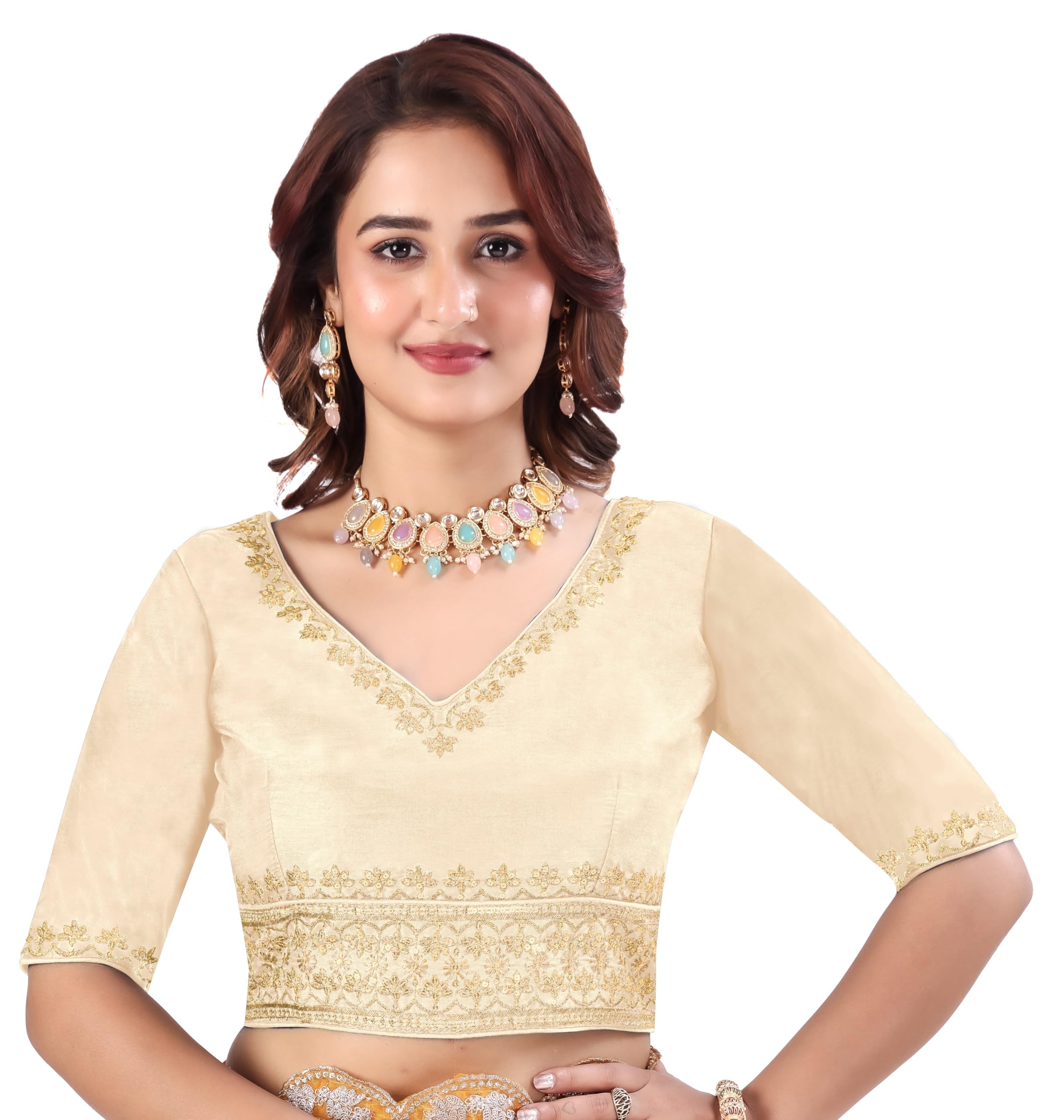 Buy Pujia Mills Women's Silk Jari Embroidery Sequence Work Round
