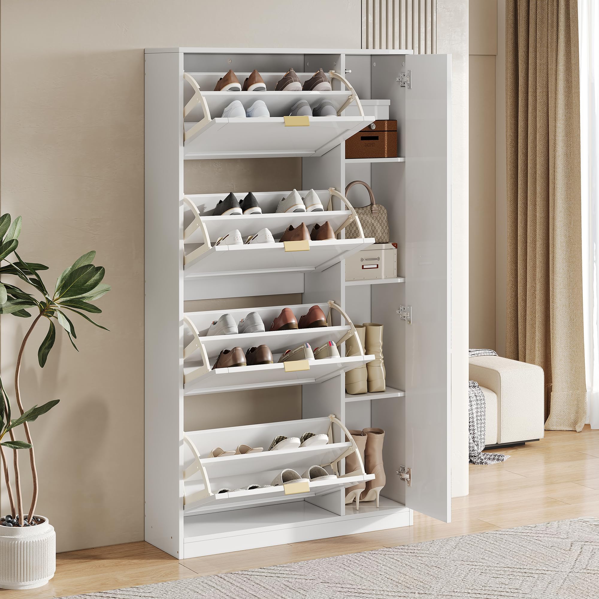 Muskel Zapatero con espejo y 4 compartimentos plegables – Armario de pasillo moderno con estantes ajustables – Zapatero para entrada o sala de estar – Blanco B80 × 24 × H 147 cm