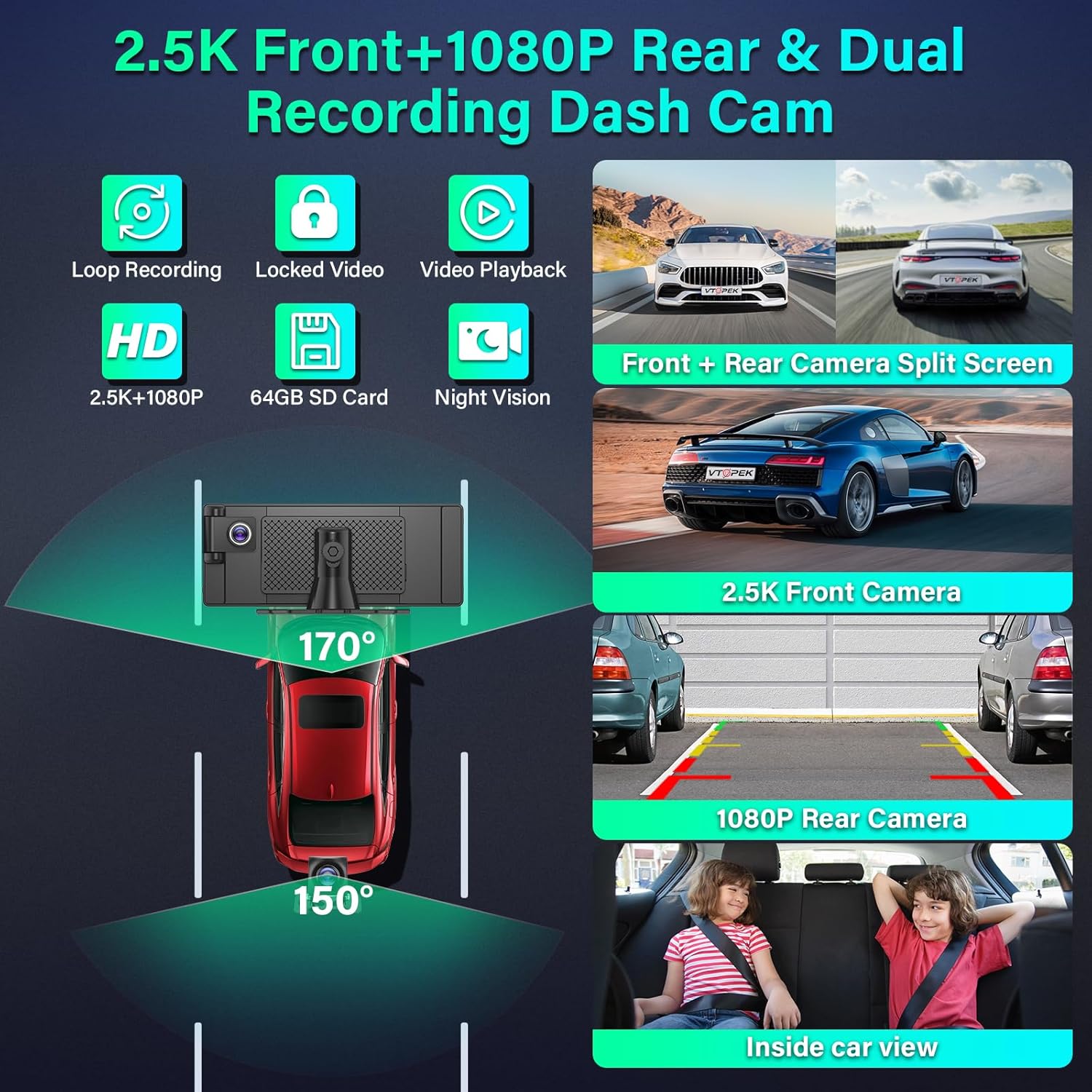 Diagram showing the 2.5K front and 1080P rear dual recording dash cam system, including wide-angle views and split-screen display options.