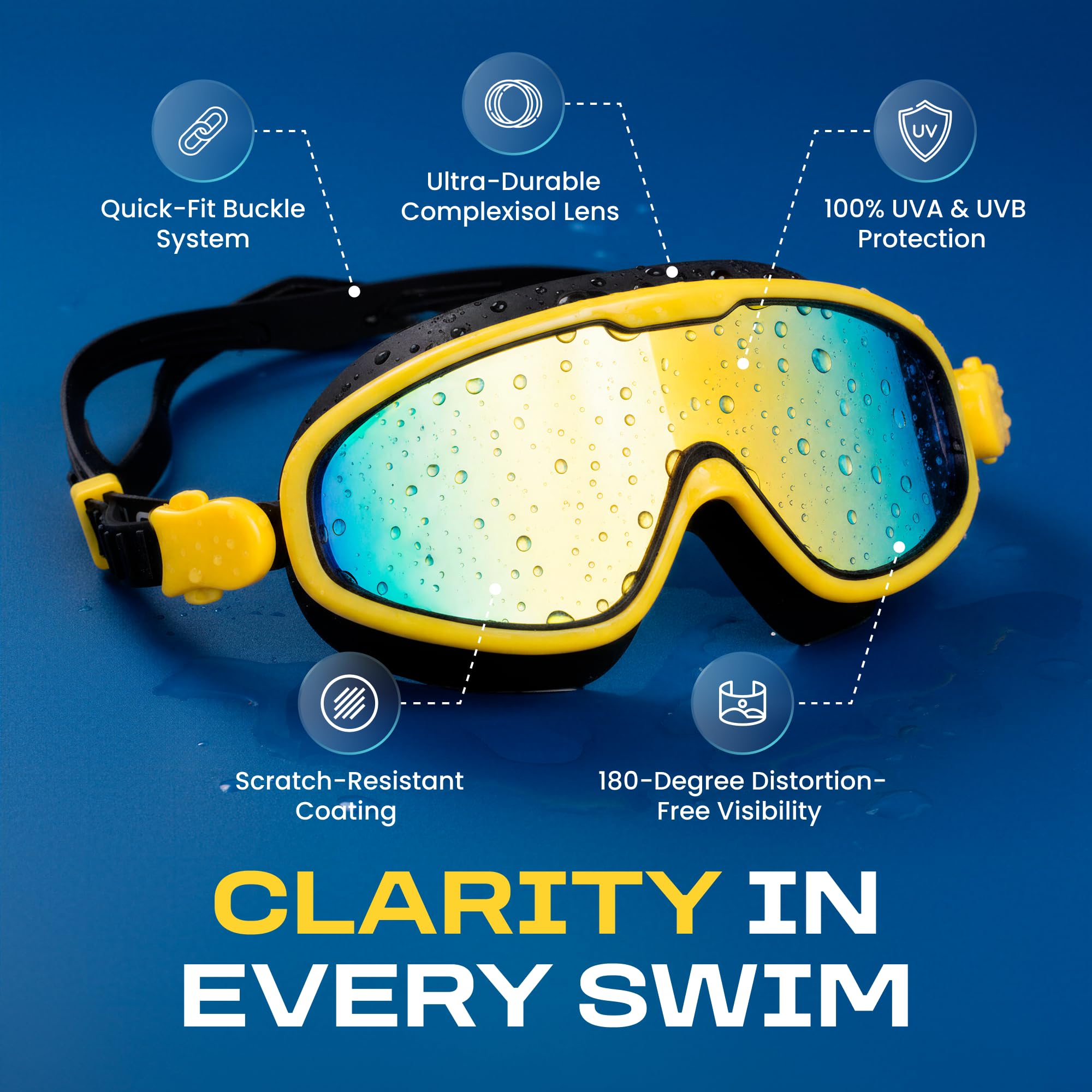 Clear'r SPLASH Jr - Maschera da nuoto per bambini, anti-appannamento, protezione UV, ampia visuale a 180°, vestibilità regolabile, per bambini dagli 8 anni in su