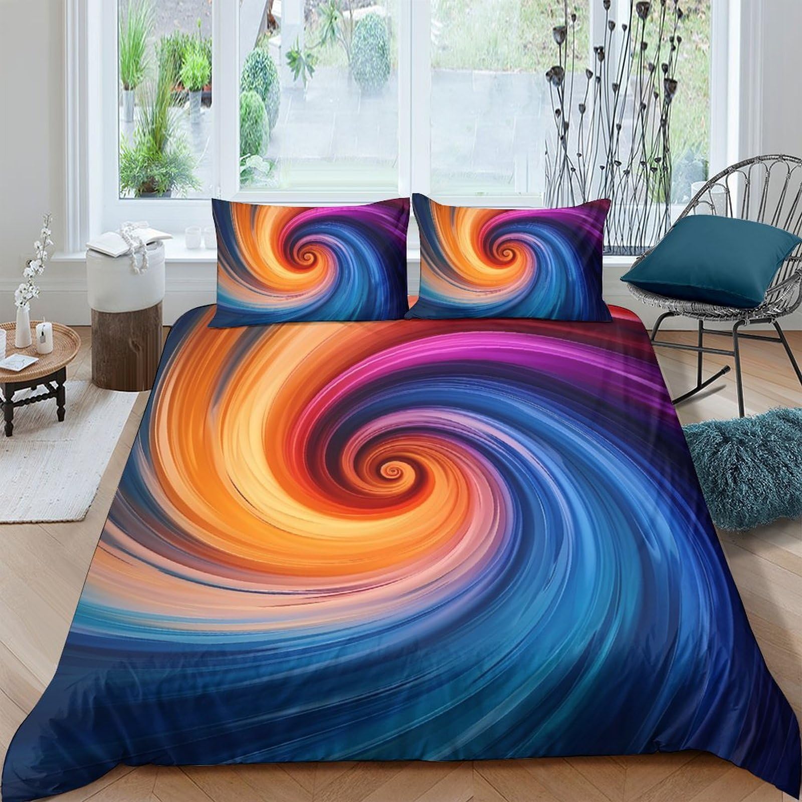 GPLZQXKJNH 3D Printed Spiral Swirl Duvet Cover Microfiber Soft Vibrant Abstract Wave Bedding Set with 2 Pillowcases for Bedroom Home Decor Single（135x200cm）