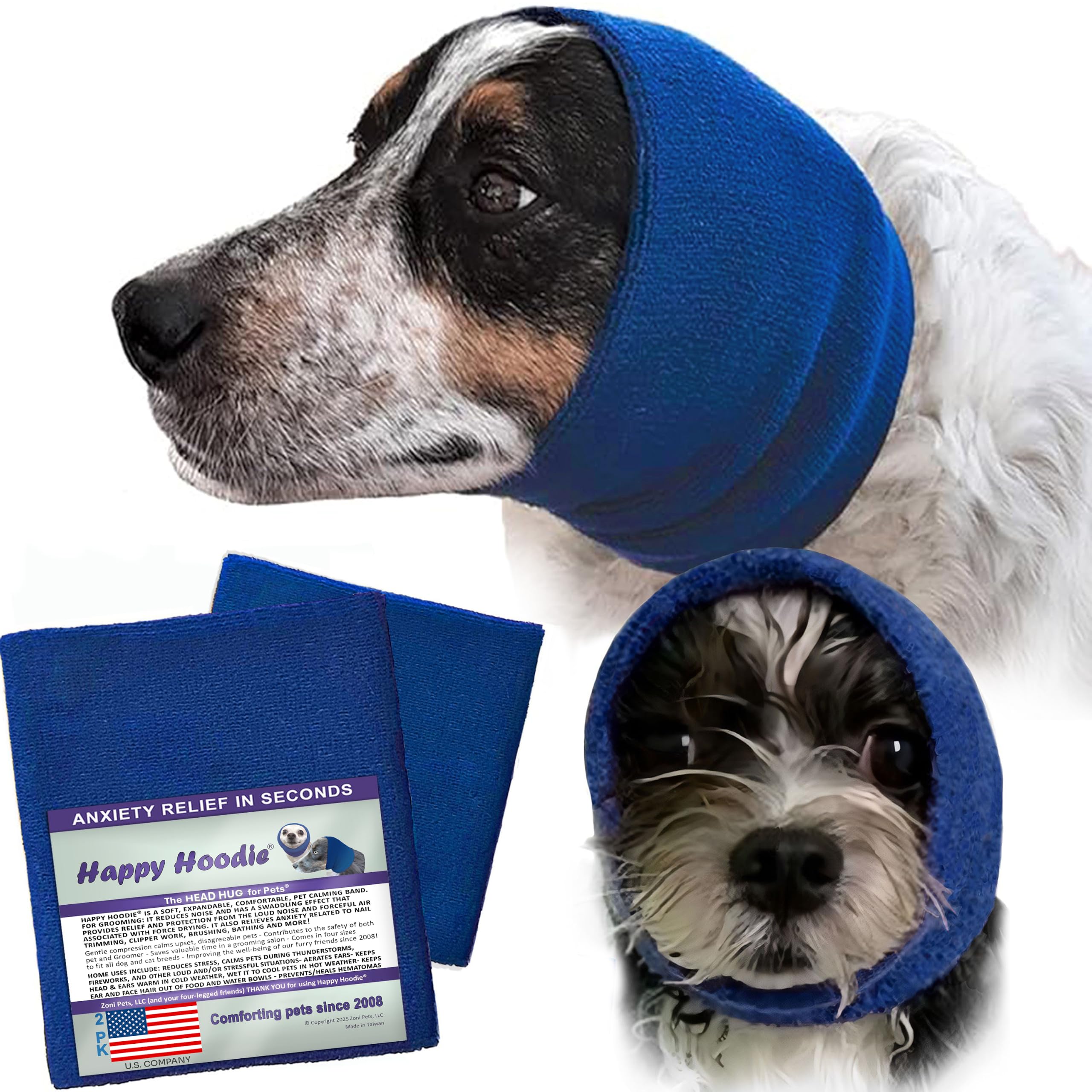 ZONI PETS Happy Hoodie Original Calming Band for Dogs & Cats - 2 Pack (Small, Large) - Anxiety Relief & Noise Cancelling - Blue Cotton Hoodie