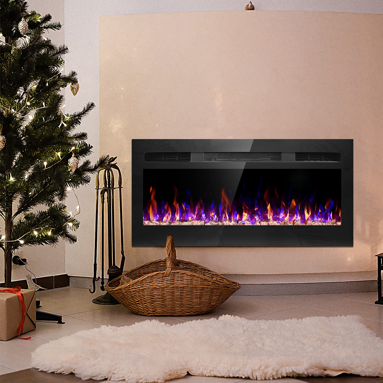 Sixfivsevn 31 Inches Electric Fireplace, Wall Mounted and Recessed Fireplace Heater, Fireplace Insert with Timer, Adjustable Flame Colors with Remote Control, 750/1500W, Black (31")