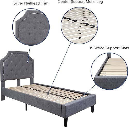 Miniatura 4 de Flash Furniture - Base de cama Brighton con tapizado de tela gris clara y diseño capitoné, tamaño Twin