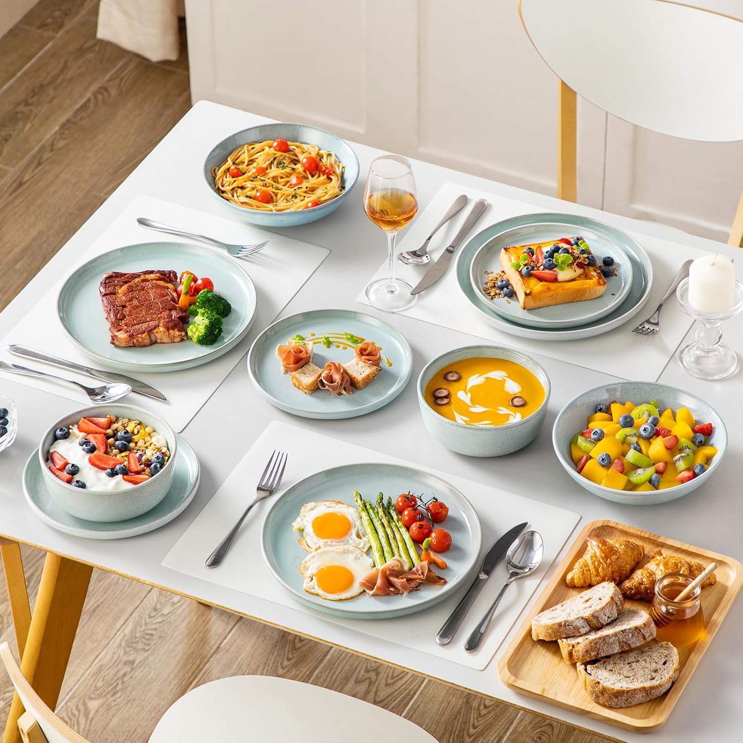 vancasso ANYA 24 Pieces Plates and Bowls Set, Mint Green Dinnerware Sets, Reactive Glaze Dishes Set for 6, Ceramic Dishware Sets Kitchen Dinner Set, Microwave & Dishwasher Safe