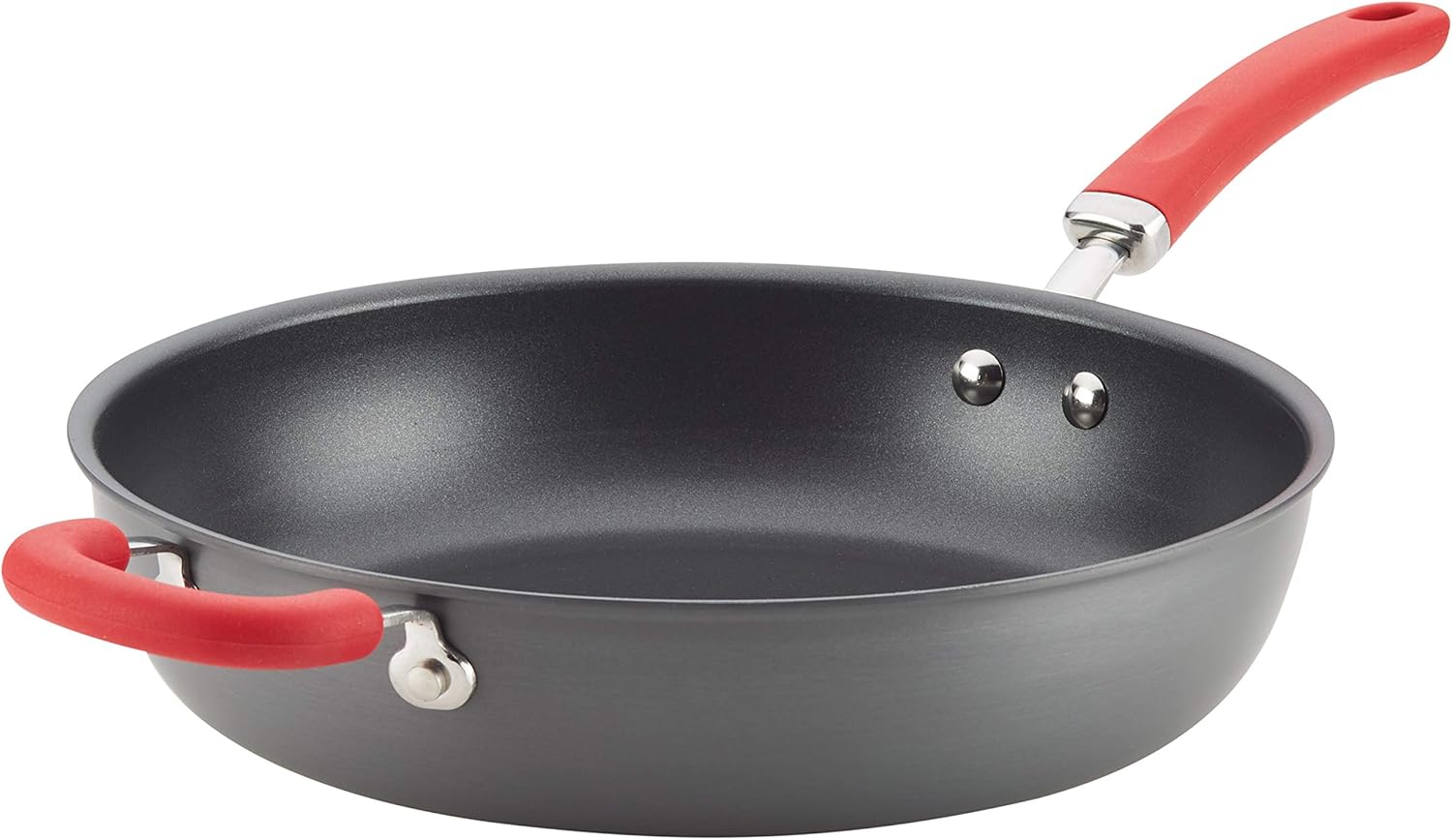 Rachael Ray Create Delicious Deep Hard Anodized Nonstick Frying Pan / Fry Pan / Hard Anodized Skillet - 12.5 Inch, Gray 12.5" Deep Skillet Red Handle