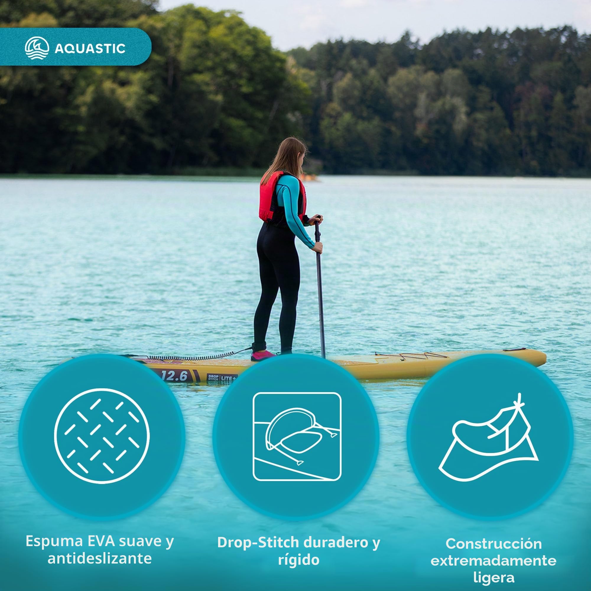 AQUASTIC Tabla de SUP hinchable Touring de 12'6 pulgadas, perfil Touring, Drop Stitch Lite + rigidez y ligereza, PVC de una capa de 2600 g/m², 381 x 76 x 15 cm, cilindrada de 355 l, capacidad de carga | 381 x 76 x 15 cm, 355 l, hasta 165 kg, con remo 2 en