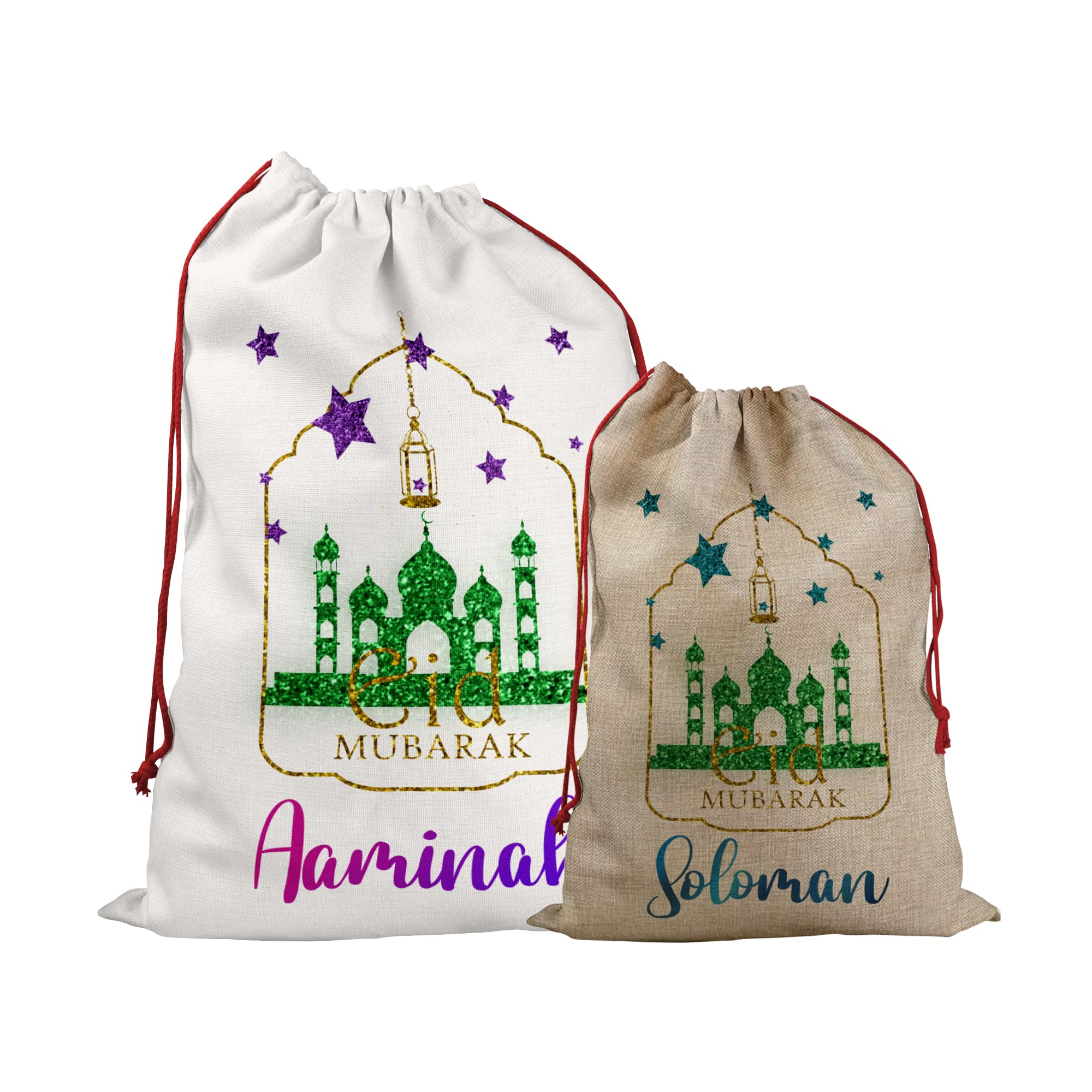 Print Maniacs Personalised Eid Mubarak Gift Bag Ramadan Theme Celebrations Secret Present Drawstring Sack Boys Girls Childrens Treats Candy Goodie Bags for Kids Any Name Party Favours (Mosque)