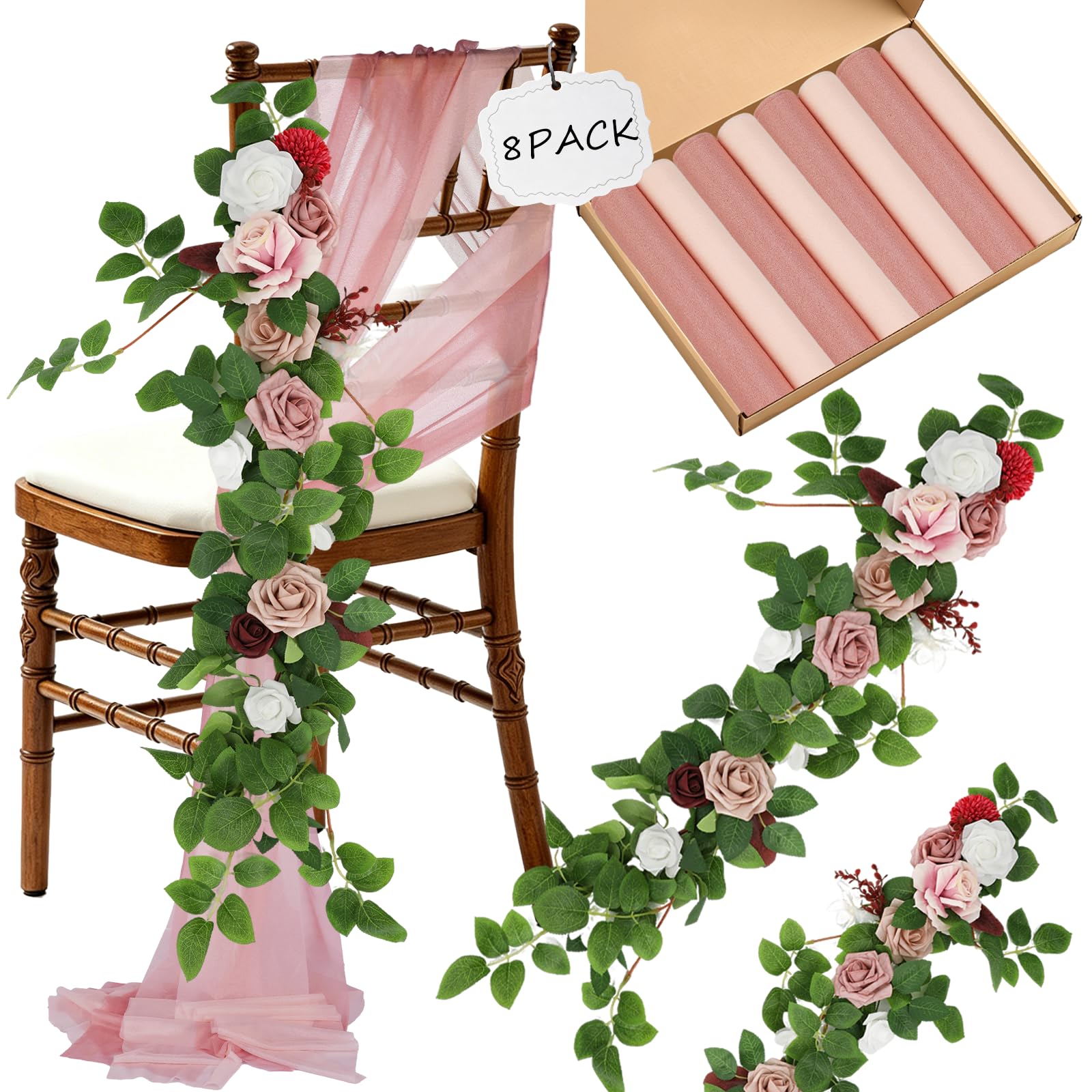 View 1 of ***FACTORY SEALED*** Lebaley 8 Set Wedding Chair Decorations - Pink Chiffon Sashes with Artificial