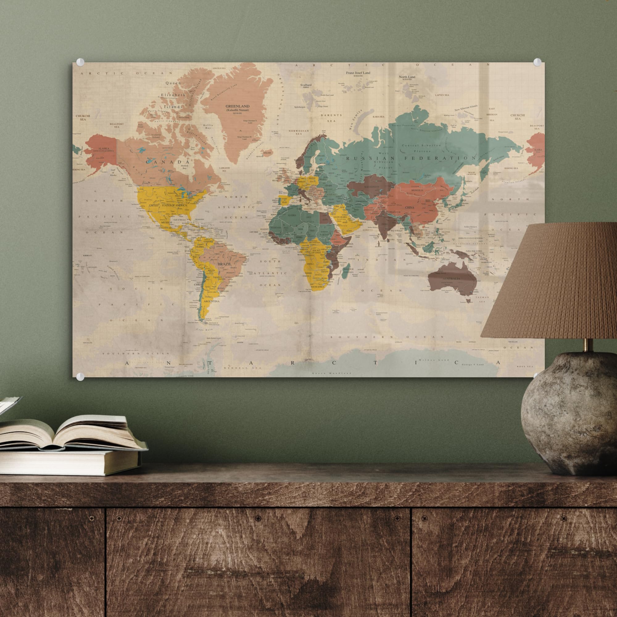 Glasbild Glasfoto Wandbild Bilder Deko 60x40 cm Weltkarte - Vintage - Atlas - Kind - Kind - Mädchen
