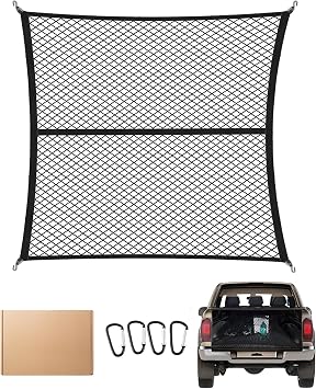 FoundGo 120x120cm Single Layer Elastic Cargo Net - Stretches to 210x210cm for Truck, Motorhome, Van, Pickup - Includes 4x Steel Carabiners, 4x ABS Hooks