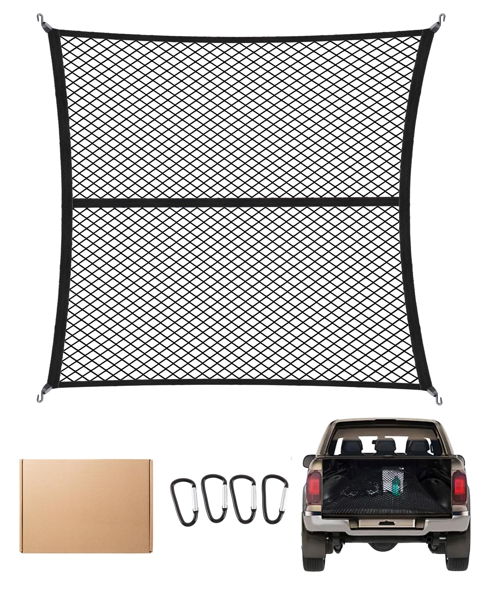 FoundGo120 x 120 m Luggage Net [Max. 210 x 210 cm Stretchable] Highly Elastic Boot Net Separation Net Luggage Fixation for Truck Car Motorhome Includes 4 x Steel Carabiners + 4 x ABS Hooks Single