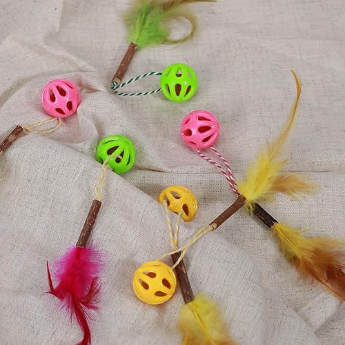 Miniatura 6 de Pelotas de juguete para gatos 3 en 1 con pluma, palo de vid plateada y campana interior, bolas interactivas de celosía colorida para gatos y gatitos