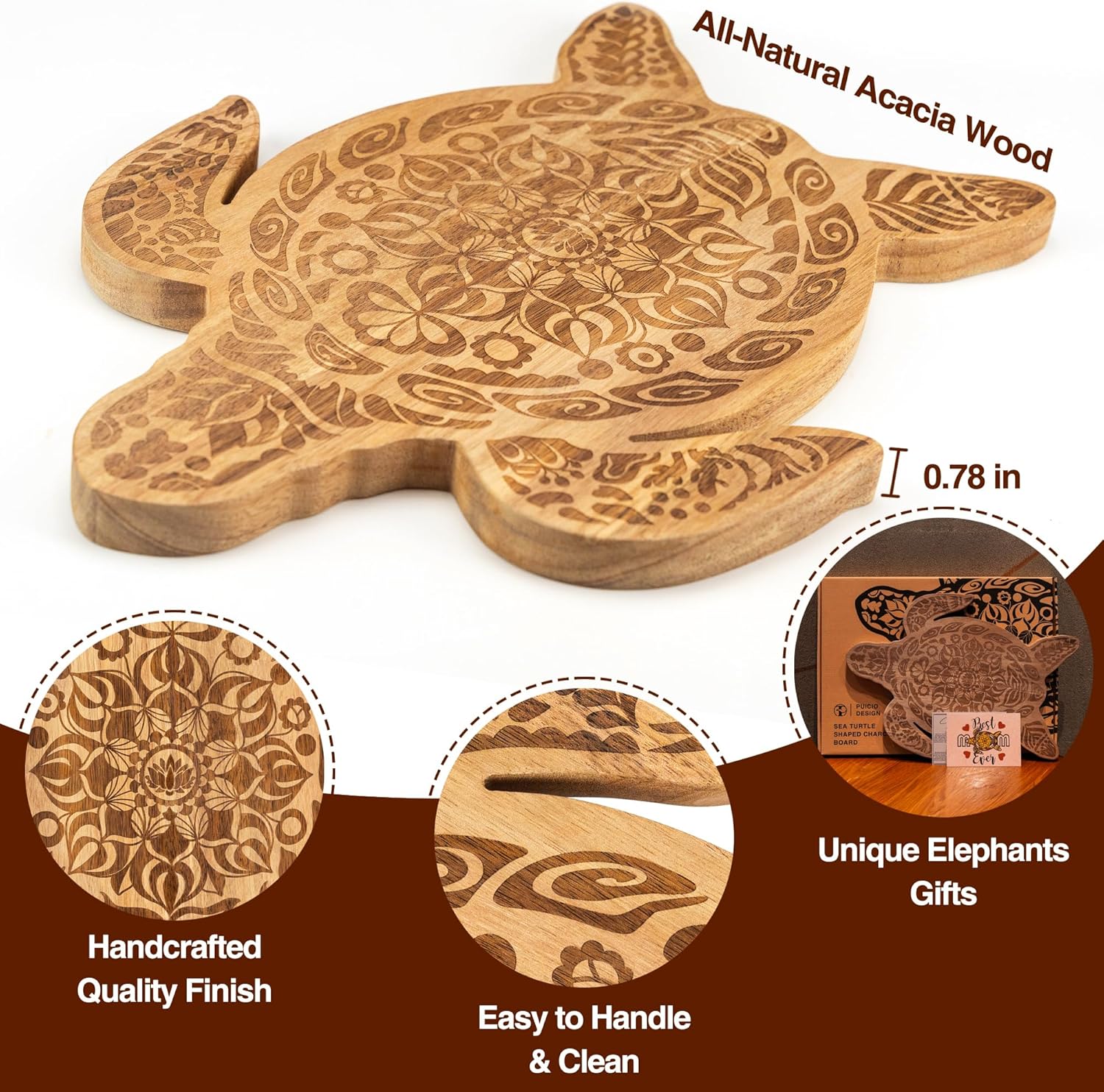 Sea Turtle Shaped Charcuterie Board Acacia Wood Cutting Board, Kitchen Gifts for Mom, Grandmas, Sea Turtle Lovers,Turtle Cheese Bread Board for Housewarming Party
