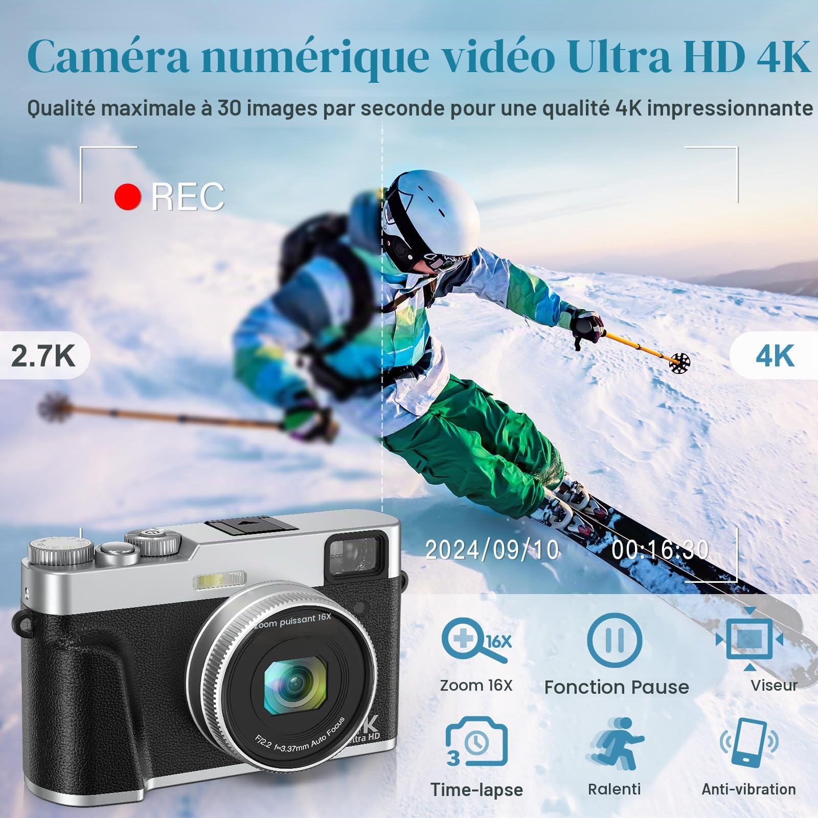Appareil photo numérique 4K avec viseur optique, mise au point automatique 48 MP, zoom numérique 16X, stabilisation d'image, flash intégré, carte 32 Go et 2 batteries