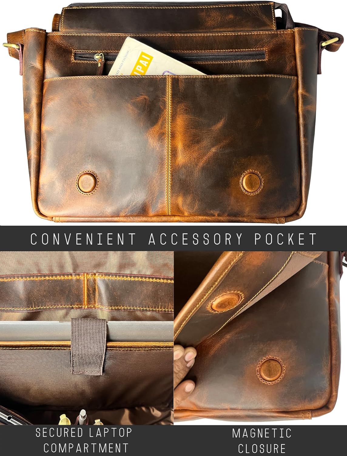 Leather Messenger Bag for Men 14" Leather Laptop Bag Vintage Crossbody Office Satchel Travel Shoulder Bag - Image 5