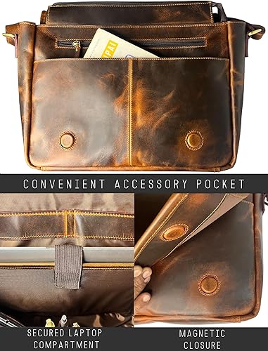 Miniatura 4 de Bolso de mensajero de cuero para hombre, 14 pulgadas, bolso de cuero para laptop, bolso cruzado vintage para oficina, bolso de hombro de viaje