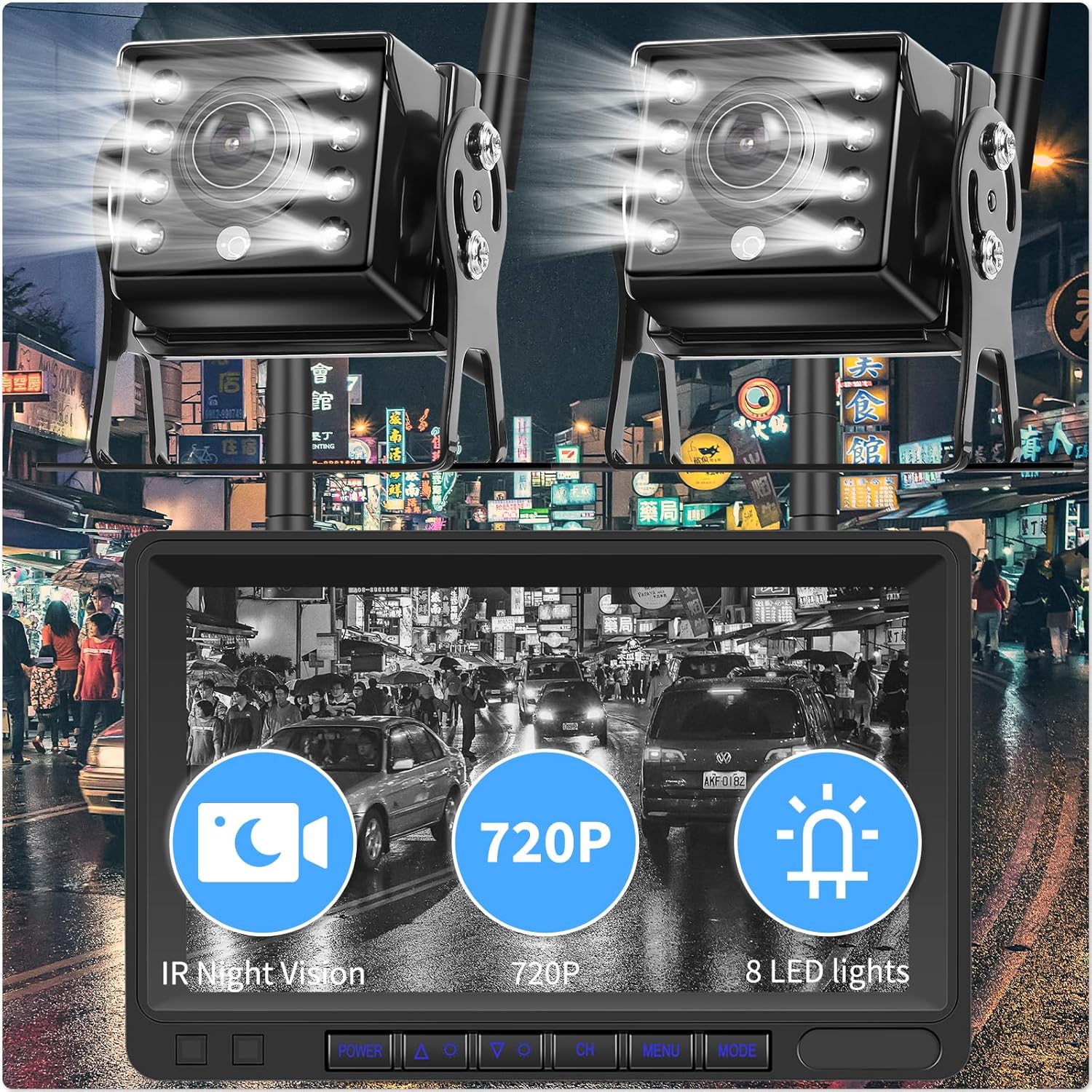 Image showing the monitor displaying a clear 720P night vision view with 8 LED lights, indicating enhanced visibility in the dark.