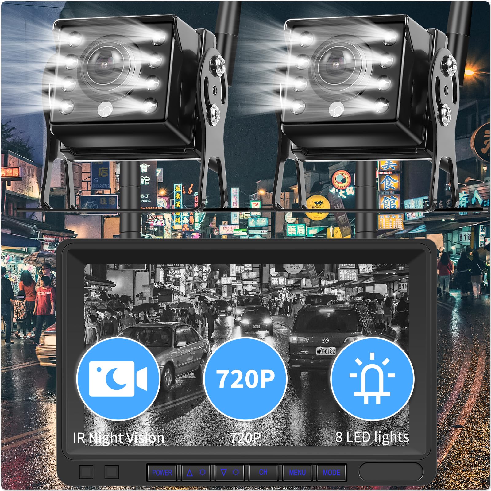 Telecamera per Retromarcia Wireless Digitale, Monitor LCD da 7 Pollici, 2 XTelecamera Posteriore Auto Impermeabile IP69, Visione Notturna Colorata, per camion/rimorchio/autobus/camper 12V-24V