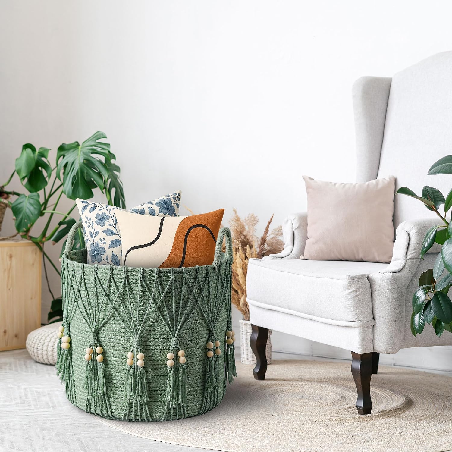 Blanket Basket for Living Room Decor Storage Basket for Toy Organizer Boho Decor Baskets for Modern Farmhouse Decor Small Laundry Basket for Bedroom and Laundry Room Organization,dark Green