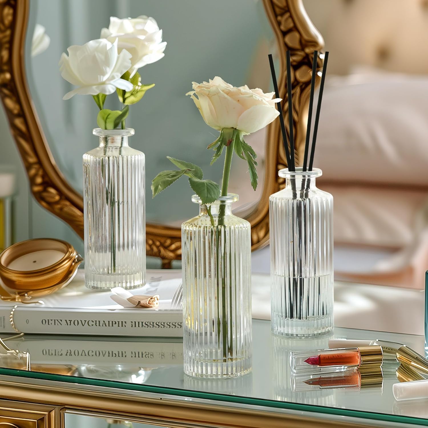 ComSaf Glass Bud Vases Set of 3, Small Flower Vases in Bulk, Mini Ribbed Vases for Centerpieces, Clear Vintage Vase for Table Decorations, Wedding, Party, Receptions, Home Decor (Different Sizes) - Image 5