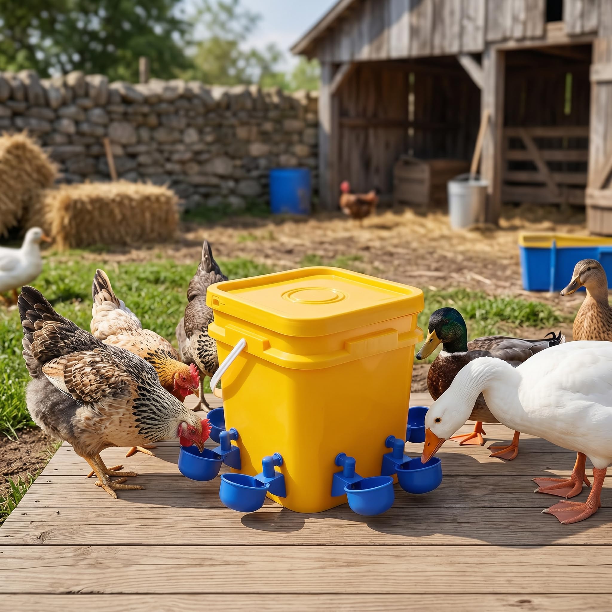 Abreuvoir Automatique de Poulet 12L - Baril Mangeoire et Abreuvoir pour Volaille - Fournitures pour Petite Poule (Seau + Bol Oiseau Bleu + Vis Noires)