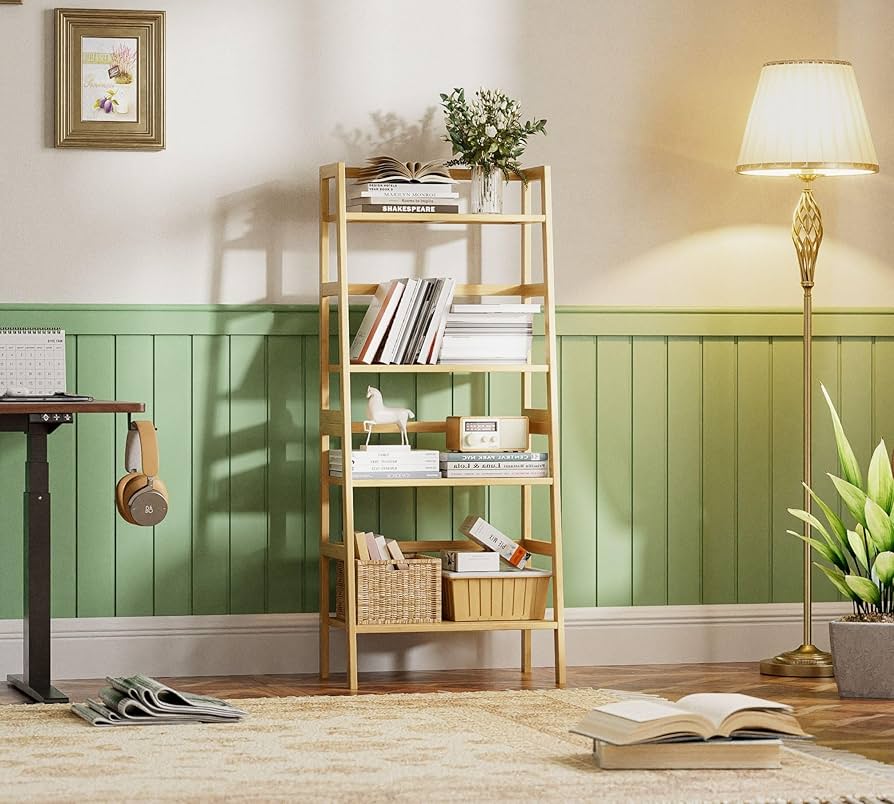 Amazon.com: HITNET Ladder Shelf, 4-Tier Bookshelf, Bamboo Leaning